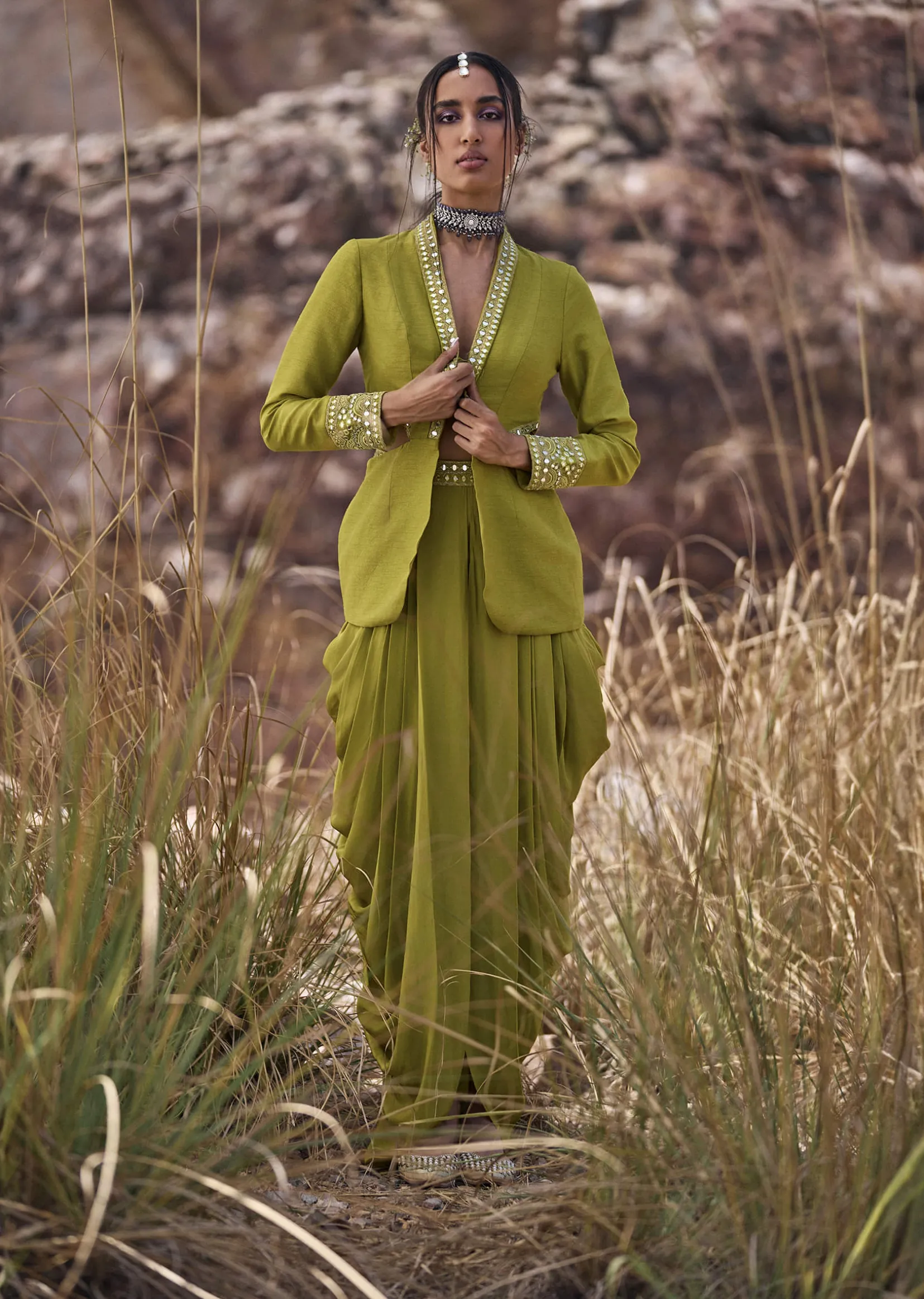Lime Green Mirror Bustier With Jacket And Draped Skirt