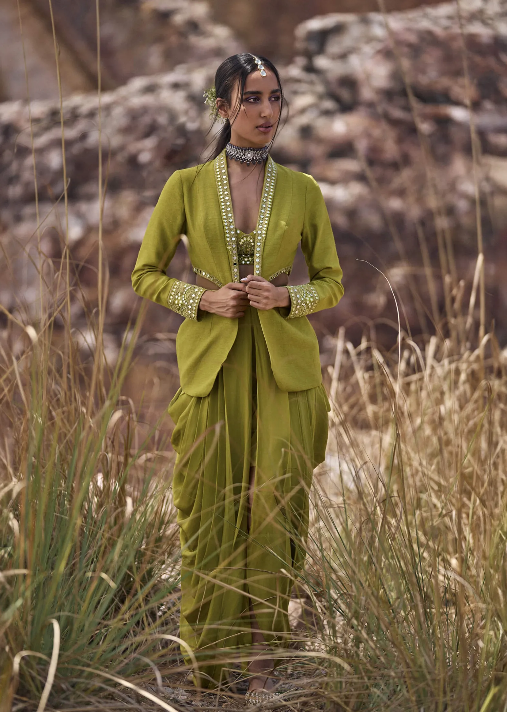 Lime Green Mirror Bustier With Jacket And Draped Skirt