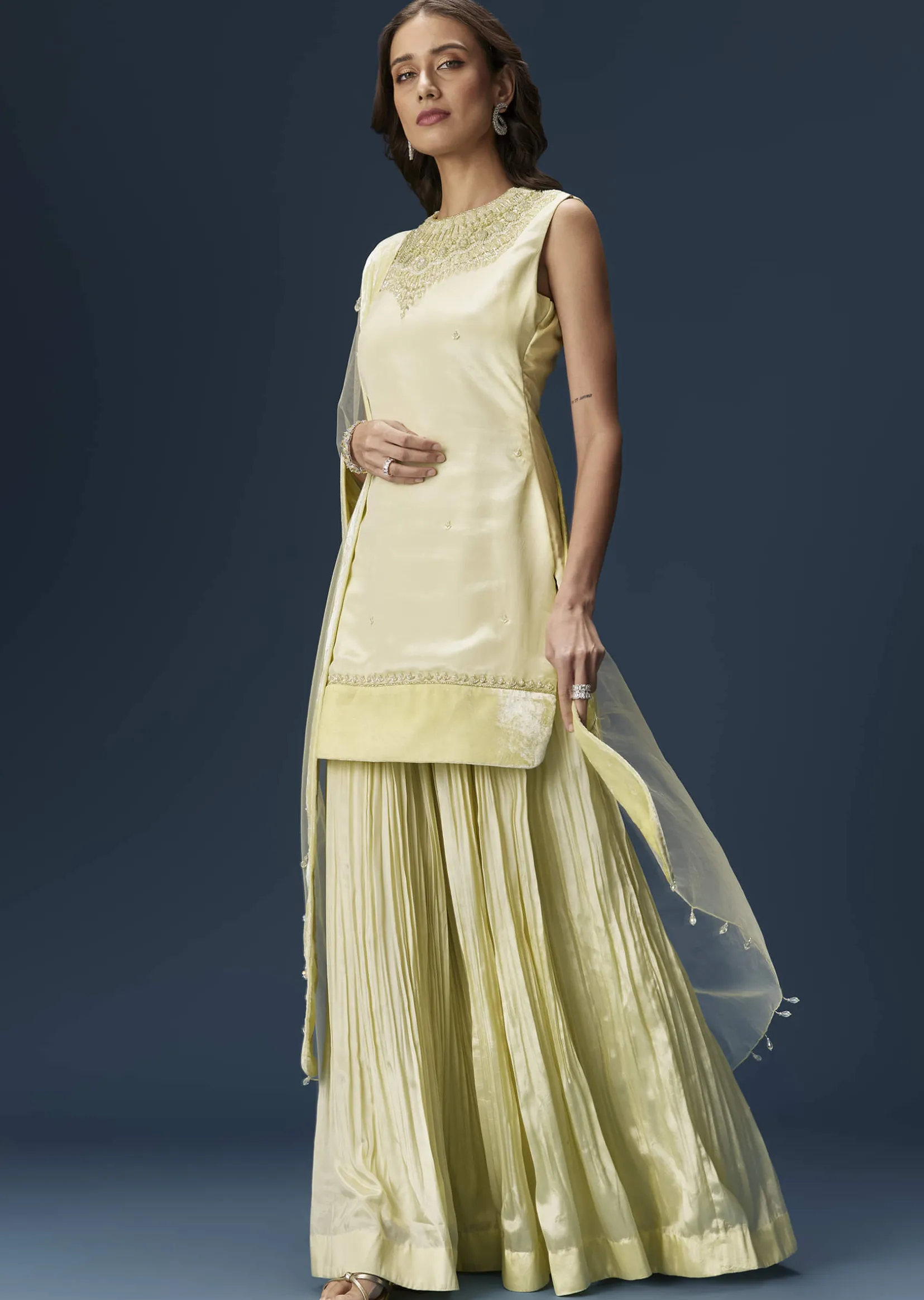 Lime Green Palazzo Suit With Embroidered Necklace