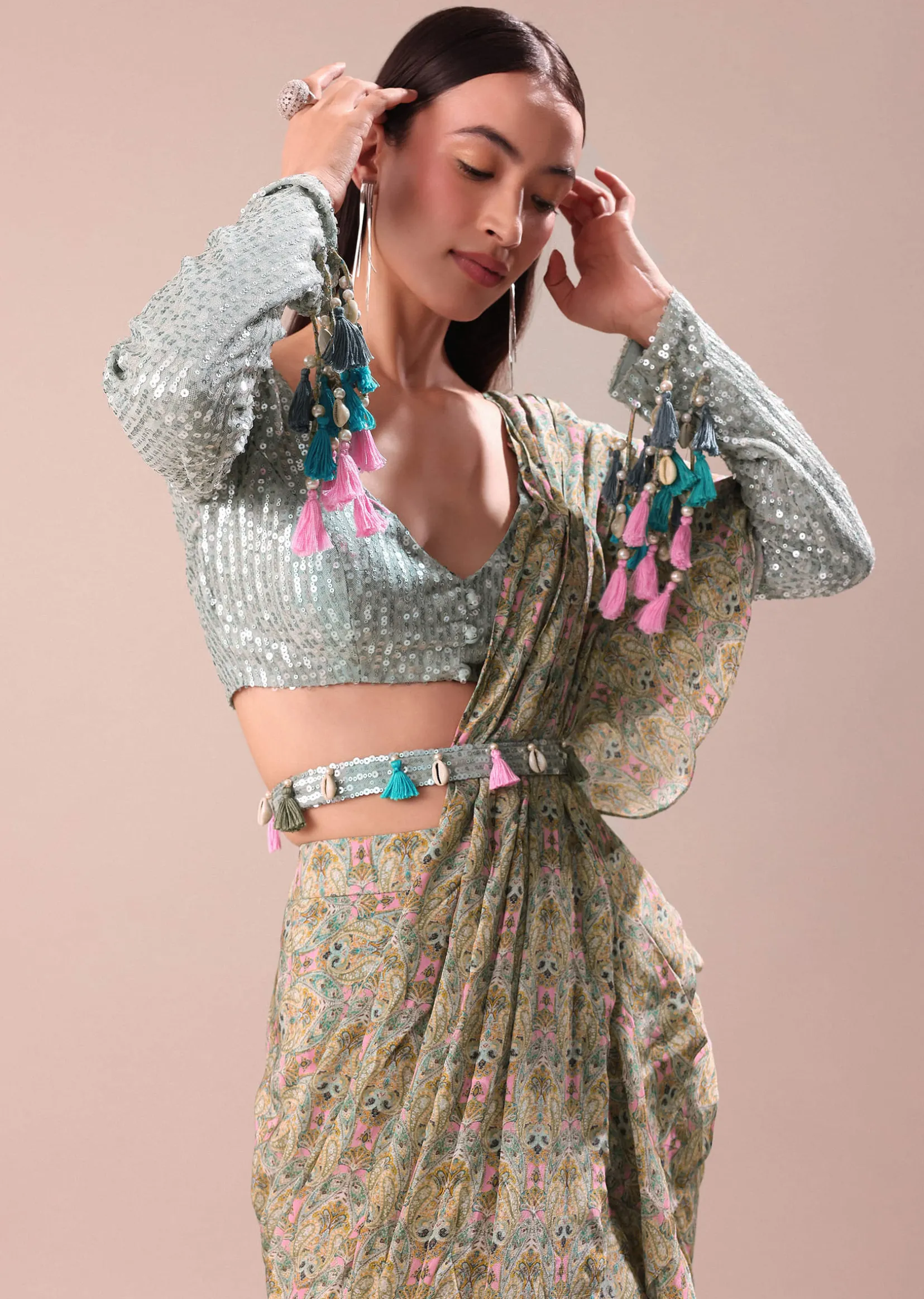 Lime Green Printed Frill Saree With Embroidered Blouse