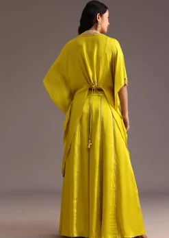 Lime Green Resham Work Palazzo Croptop Set With Jacket