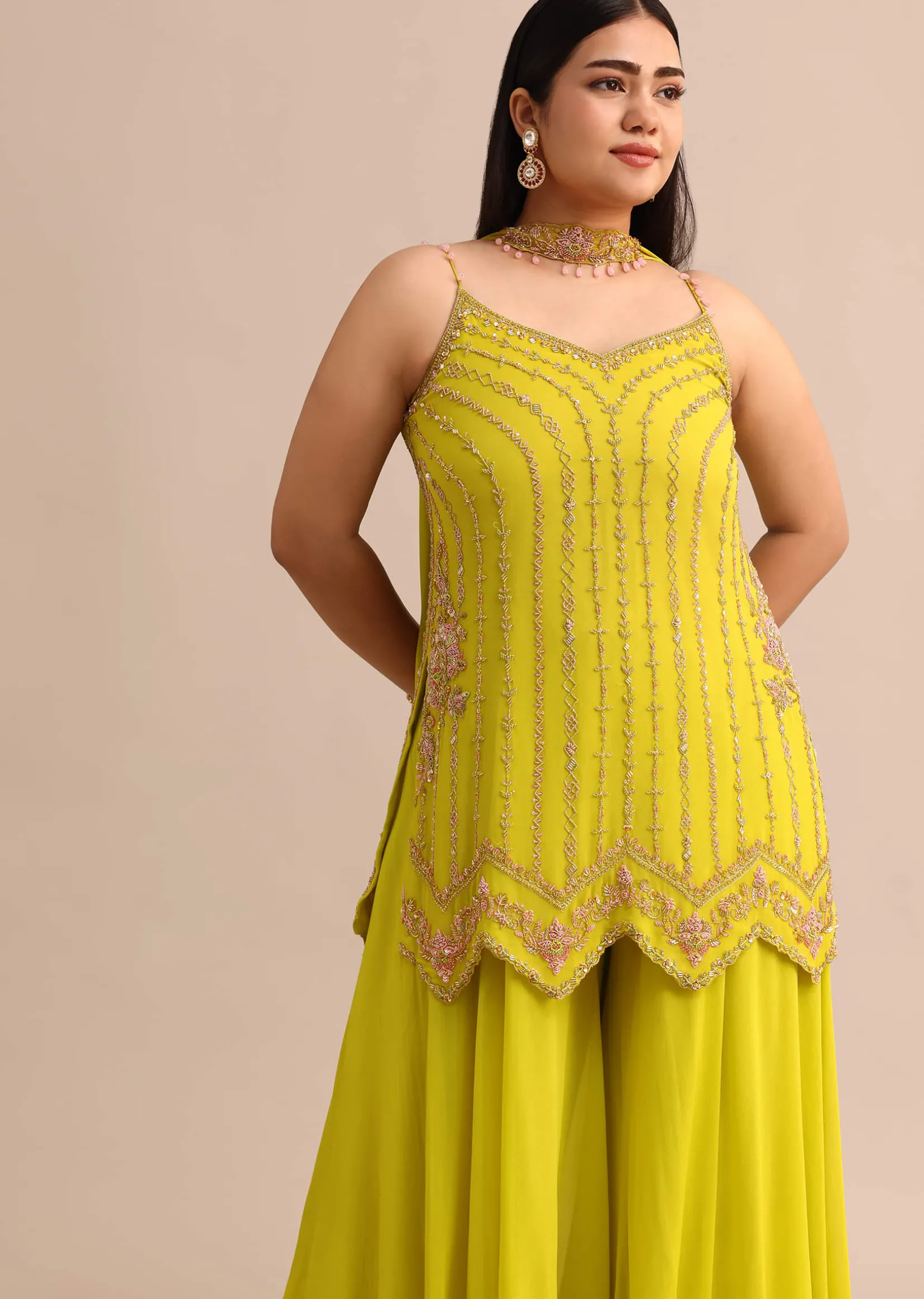 Lime Green Sharara Suit With Choker Dupatta