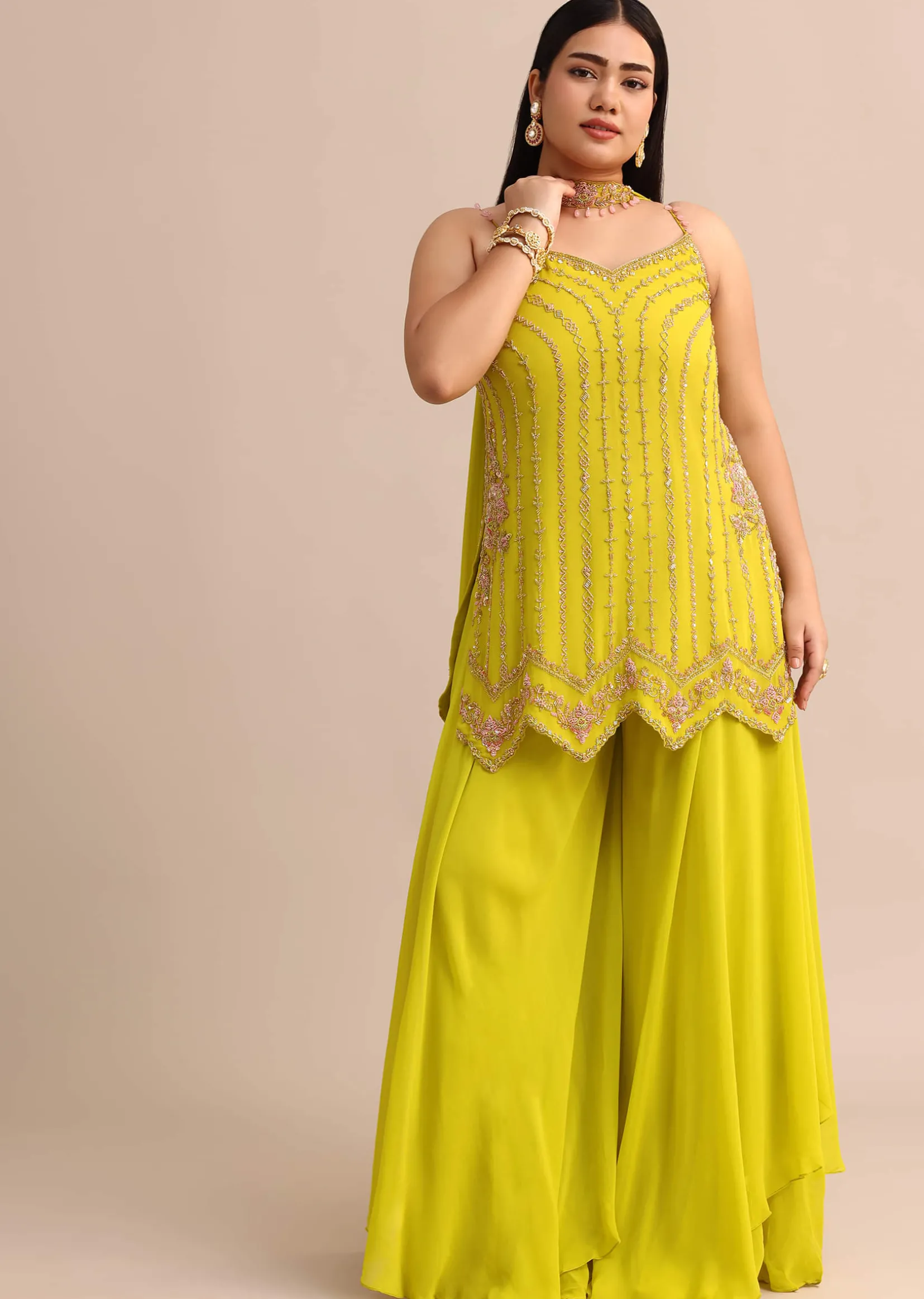 Lime Green Sharara Suit With Choker Dupatta