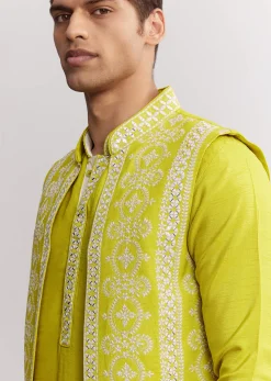 Lime Green Silk Jacket Kurta Set With Gotta Embroidery