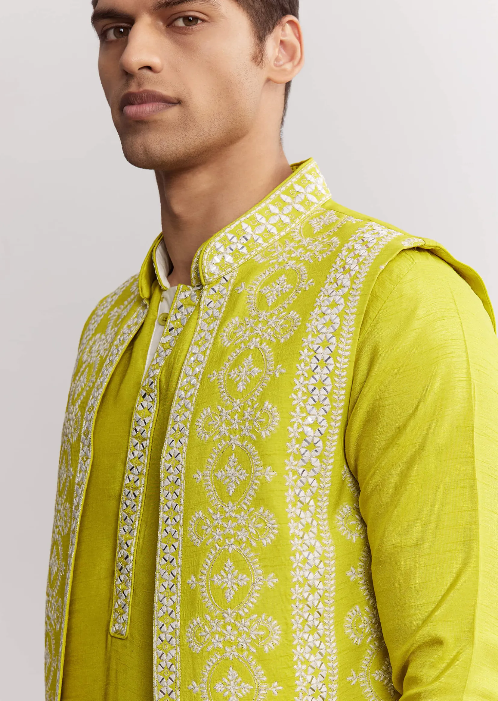 Lime Green Silk Jacket Kurta Set With Gotta Embroidery