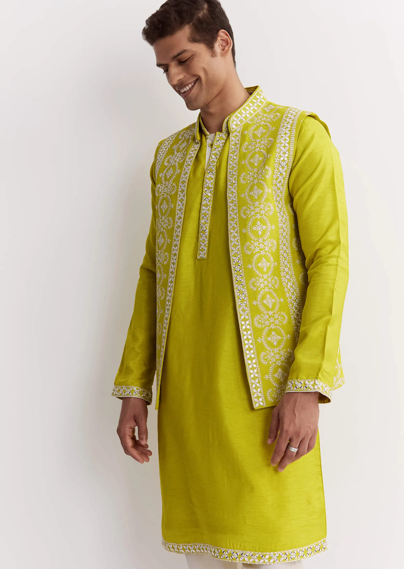Lime Green Silk Jacket Kurta Set With Gotta Embroidery