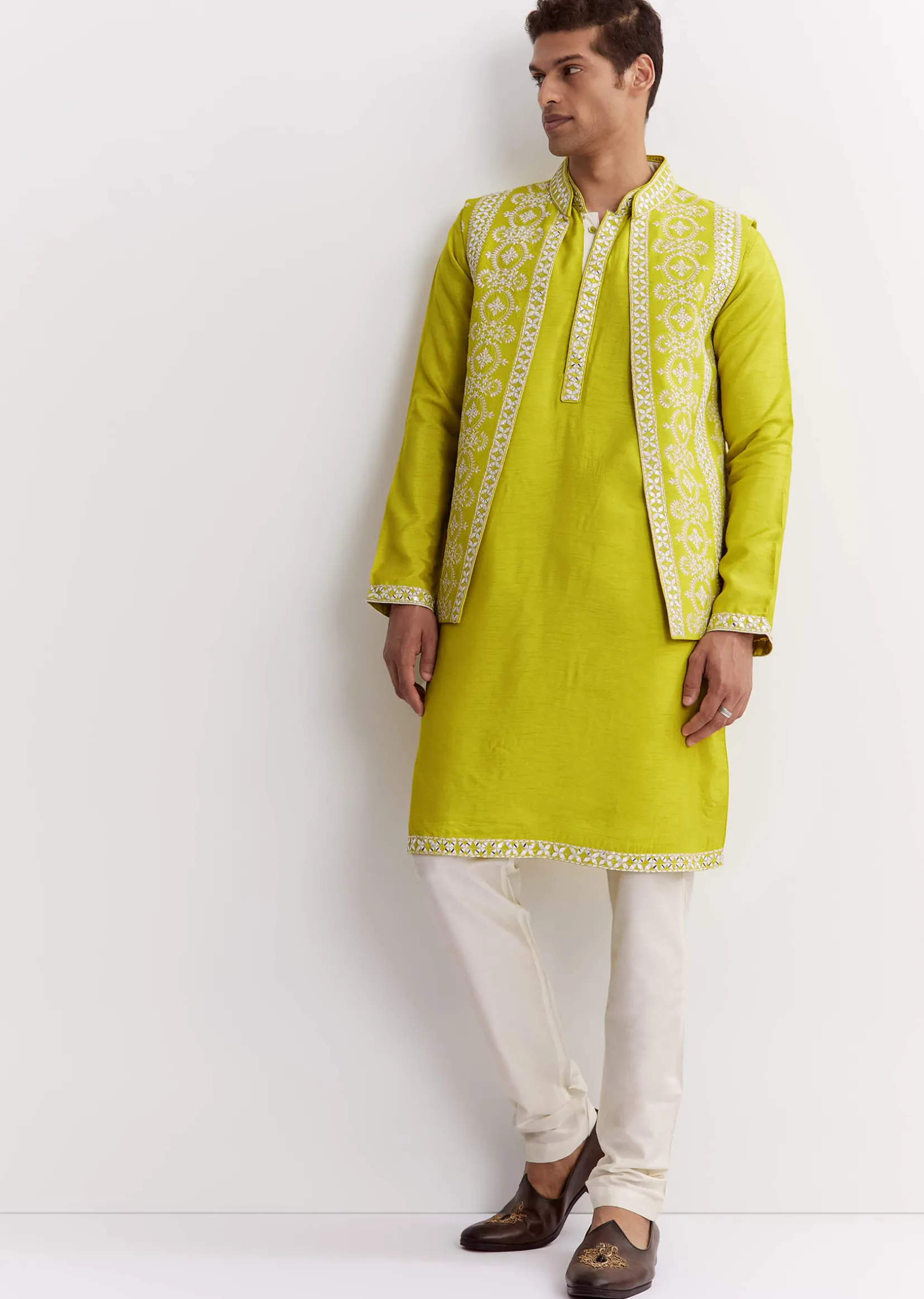 Lime Green Silk Jacket Kurta Set With Gotta Embroidery