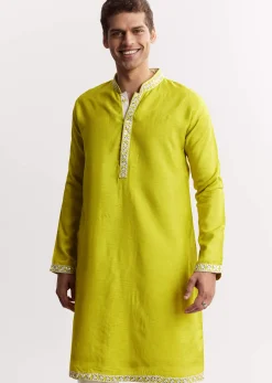 Lime Green Silk Jacket Kurta Set With Gotta Embroidery