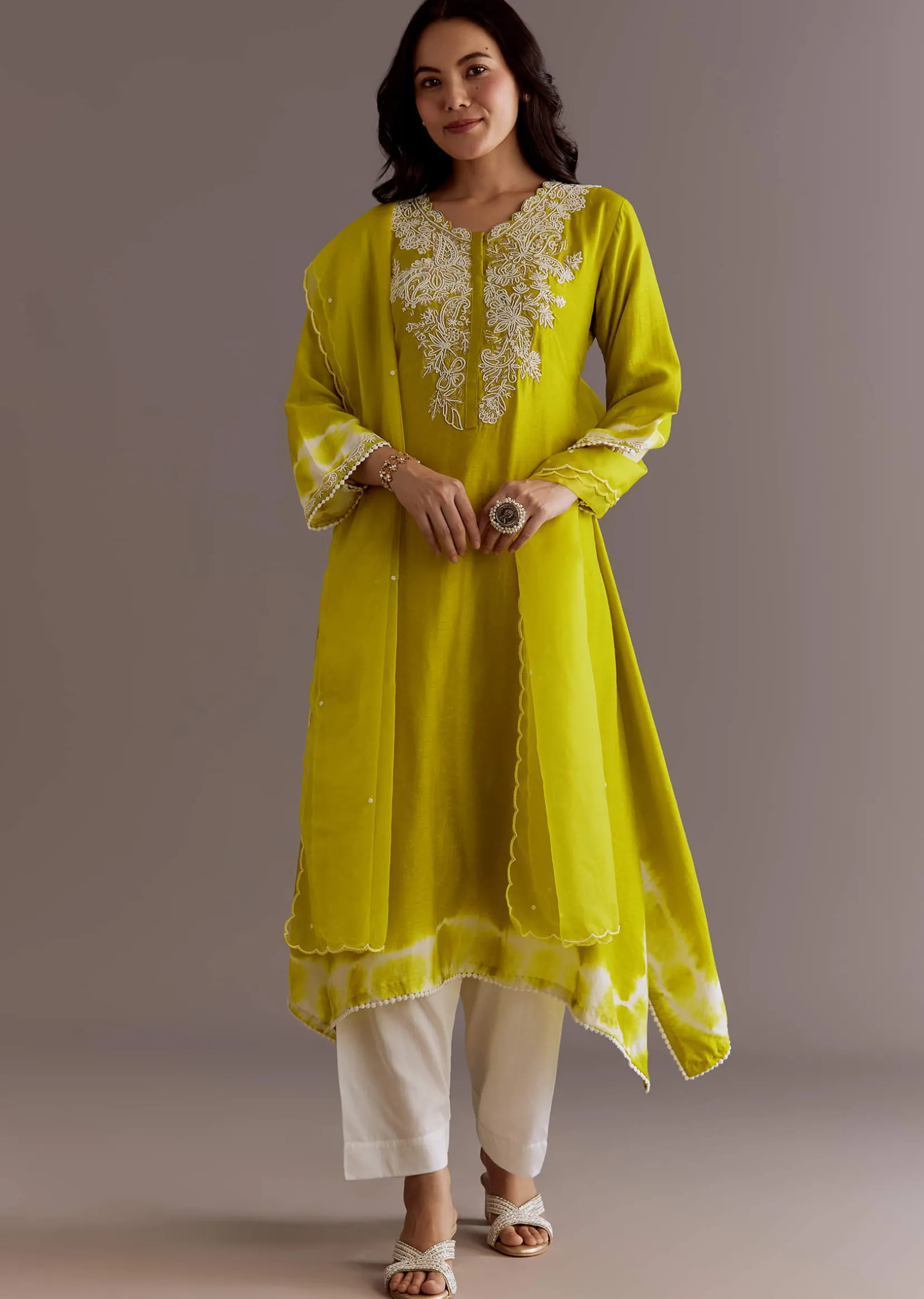 Lime Green Silk Kurta Dupatta Set With Moti Work