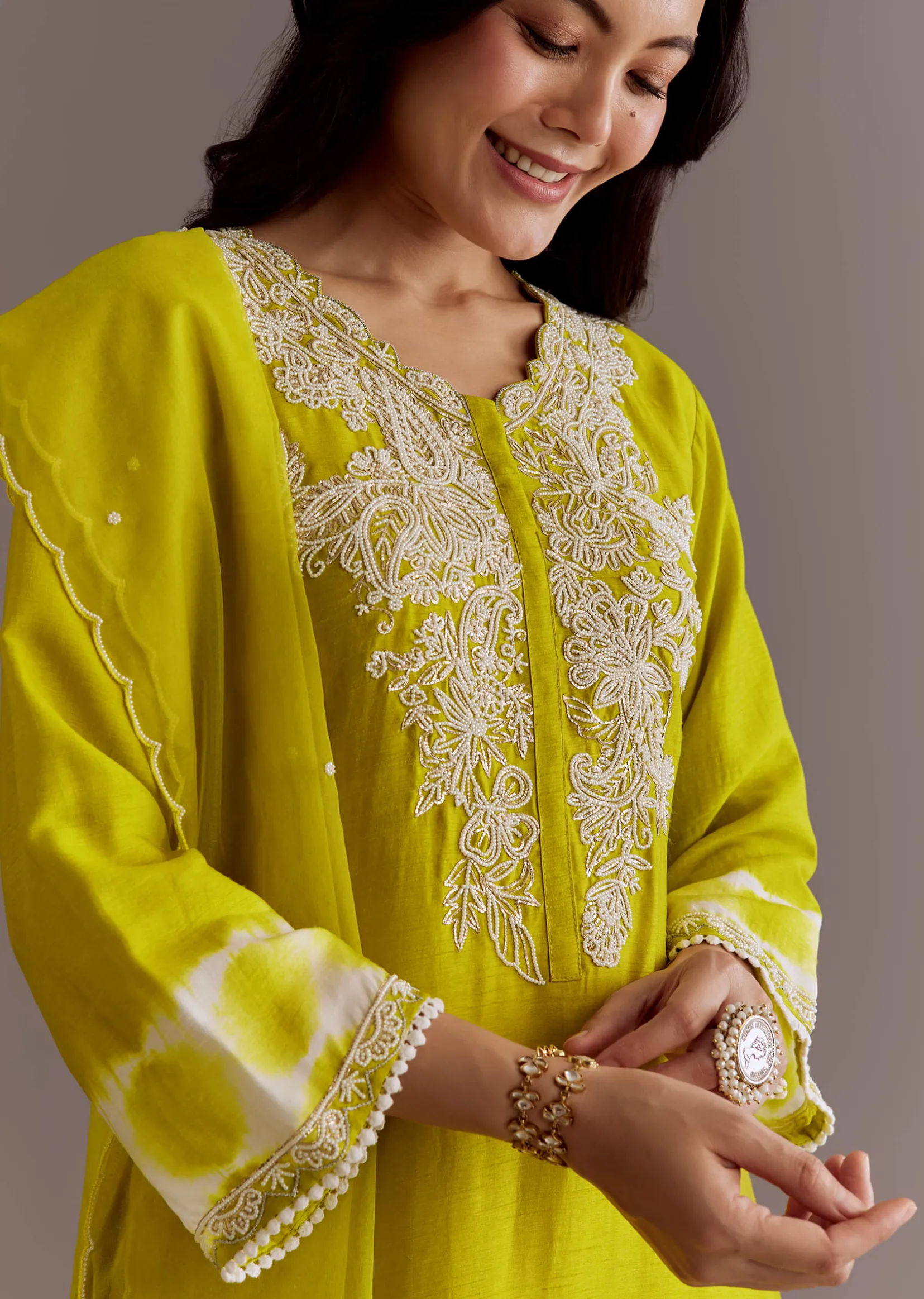 Lime Green Silk Kurta Dupatta Set With Moti Work