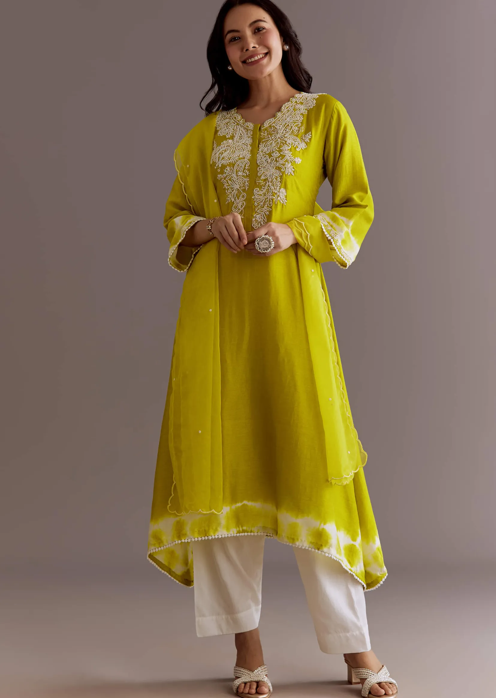 Lime Green Silk Kurta Dupatta Set With Moti Work