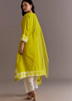 Lime Green Silk Kurta Dupatta Set With Moti Work