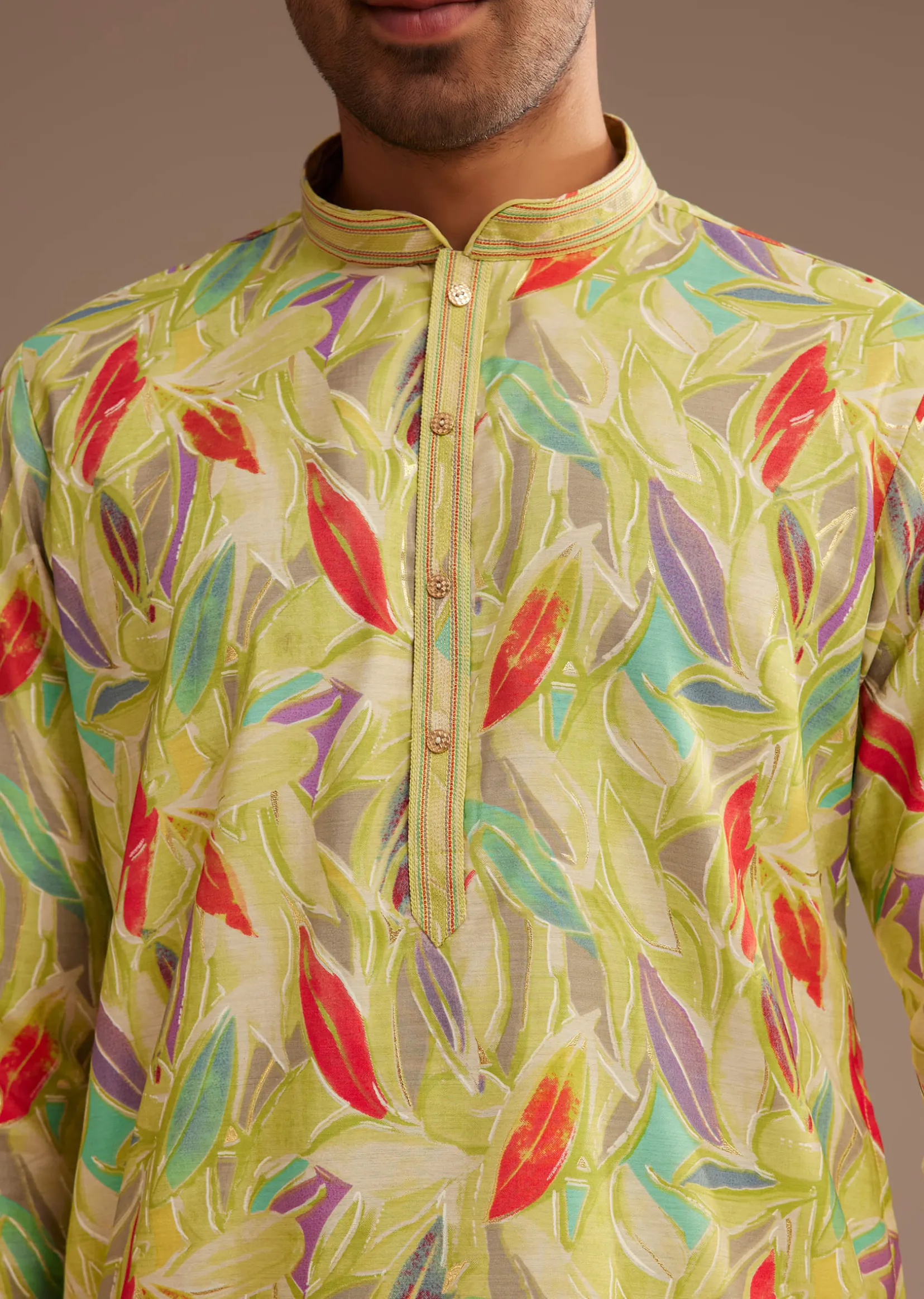 Lime Green Silk Leaf Printed Kurta Set