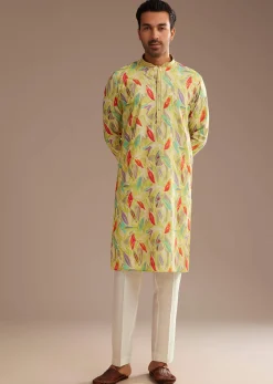 Lime Green Silk Leaf Printed Kurta Set