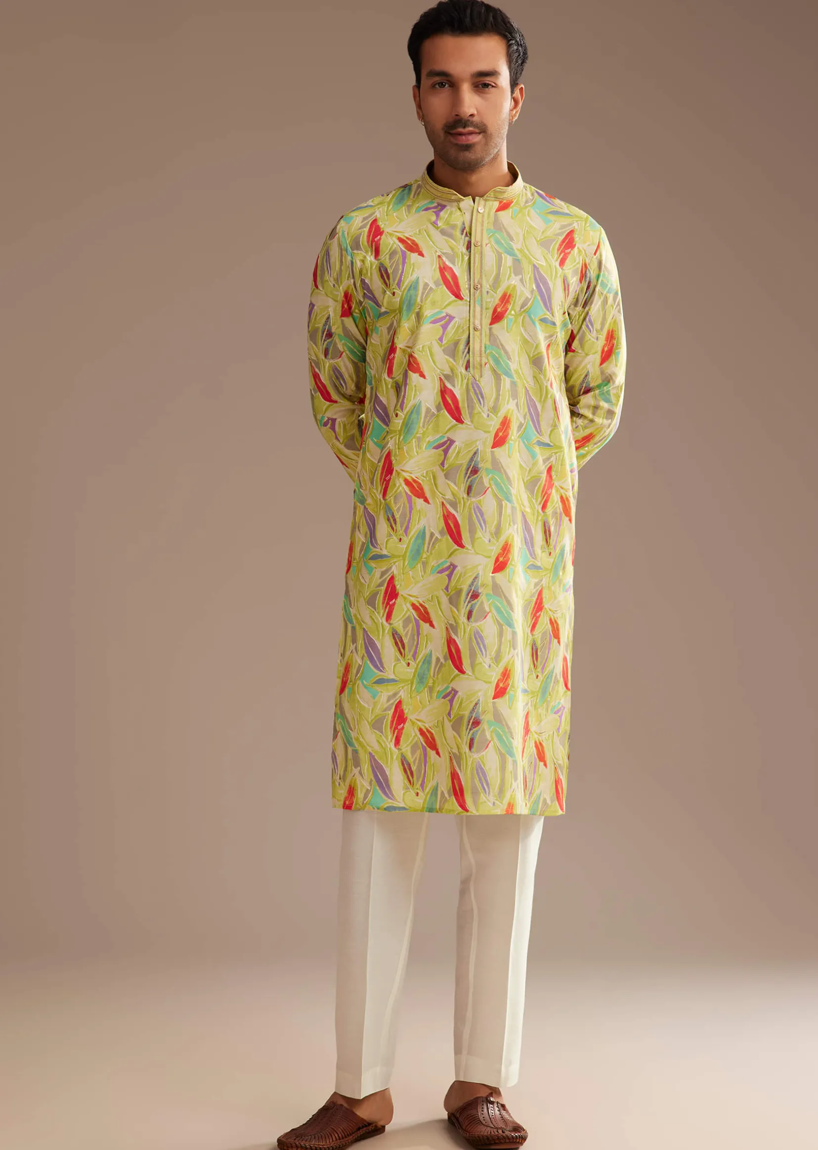 Lime Green Silk Leaf Printed Kurta Set