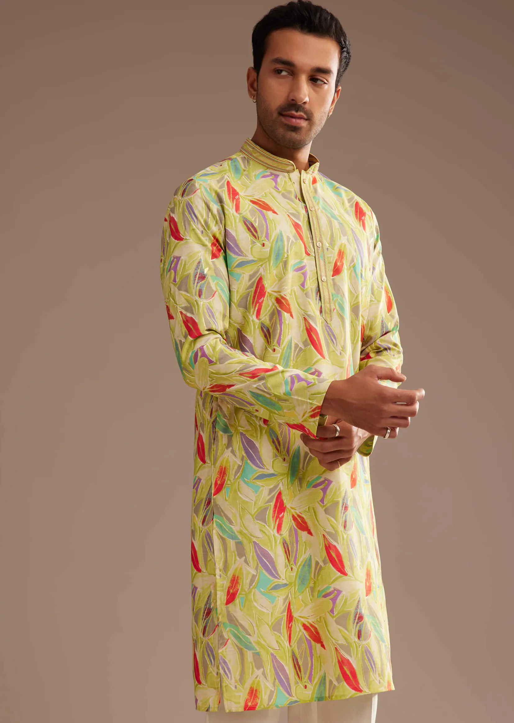 Lime Green Silk Leaf Printed Kurta Set