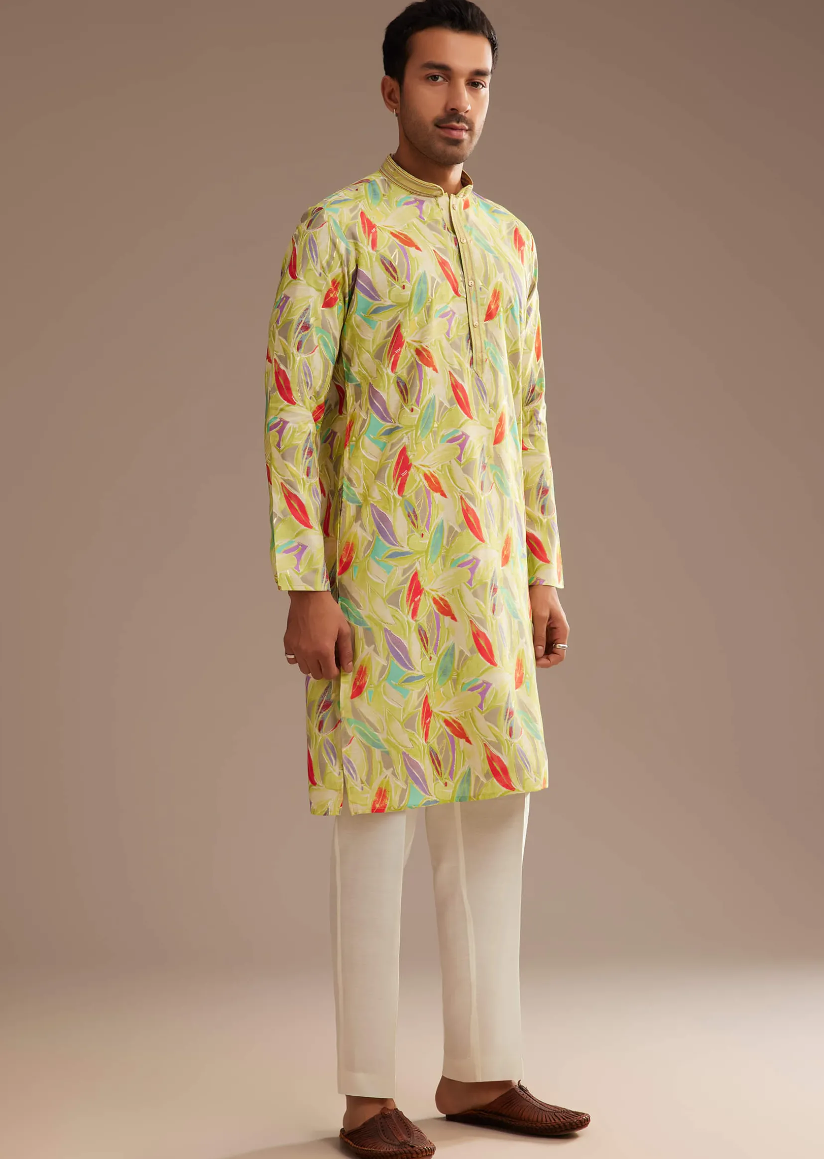 Lime Green Silk Leaf Printed Kurta Set