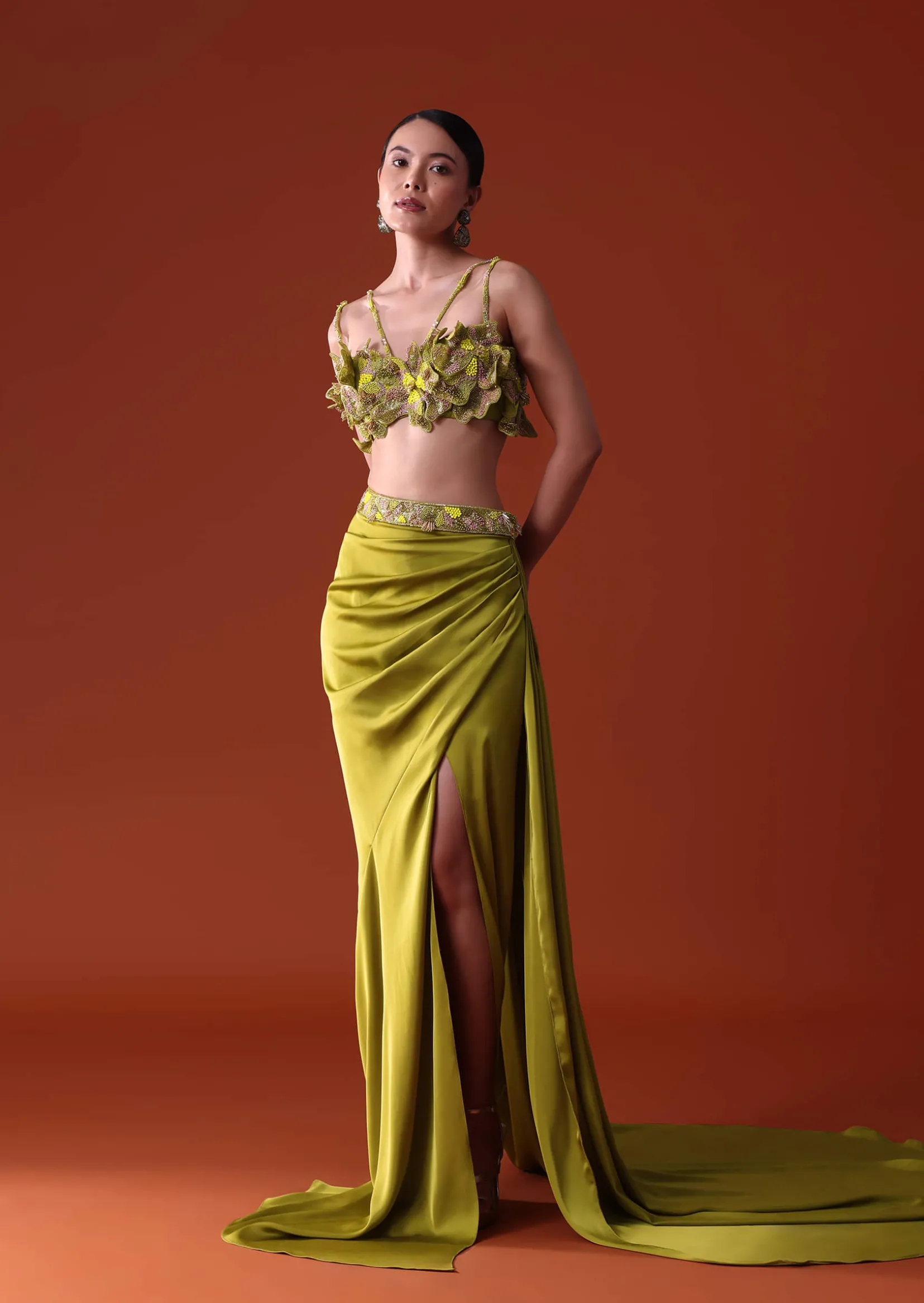 Lime Green Zardosi Draped Slit Skirt With 3D Multi Strap Blouse