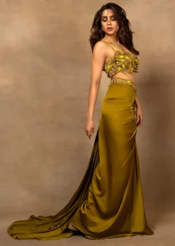 Lime Green Zardosi Draped Slit Skirt With 3D Multi Strap Blouse