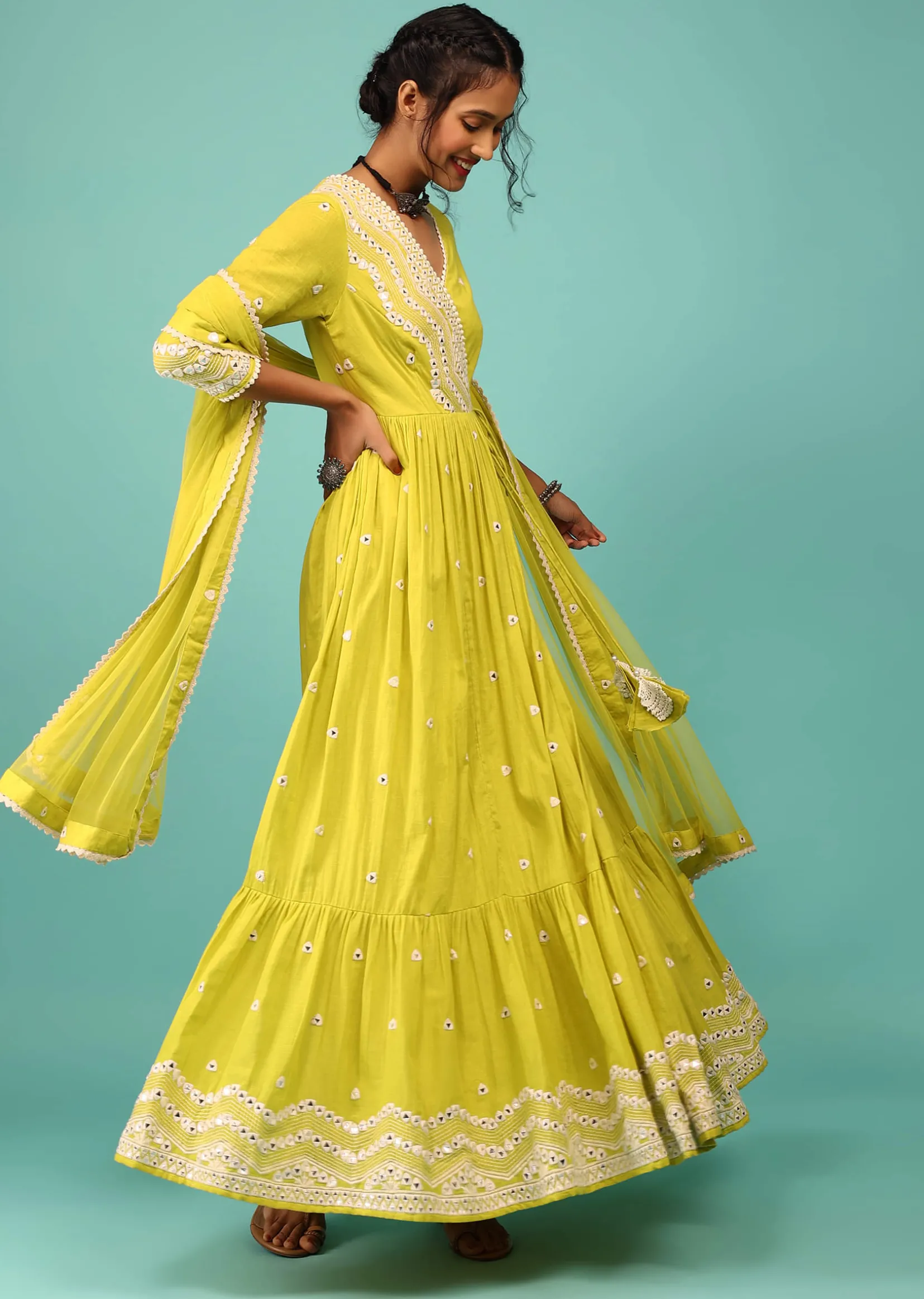 Lime Yellow Anarkali Kurta In Lucknowi Geometric Embroidery With Angrakha Pattern & Bottom Frill