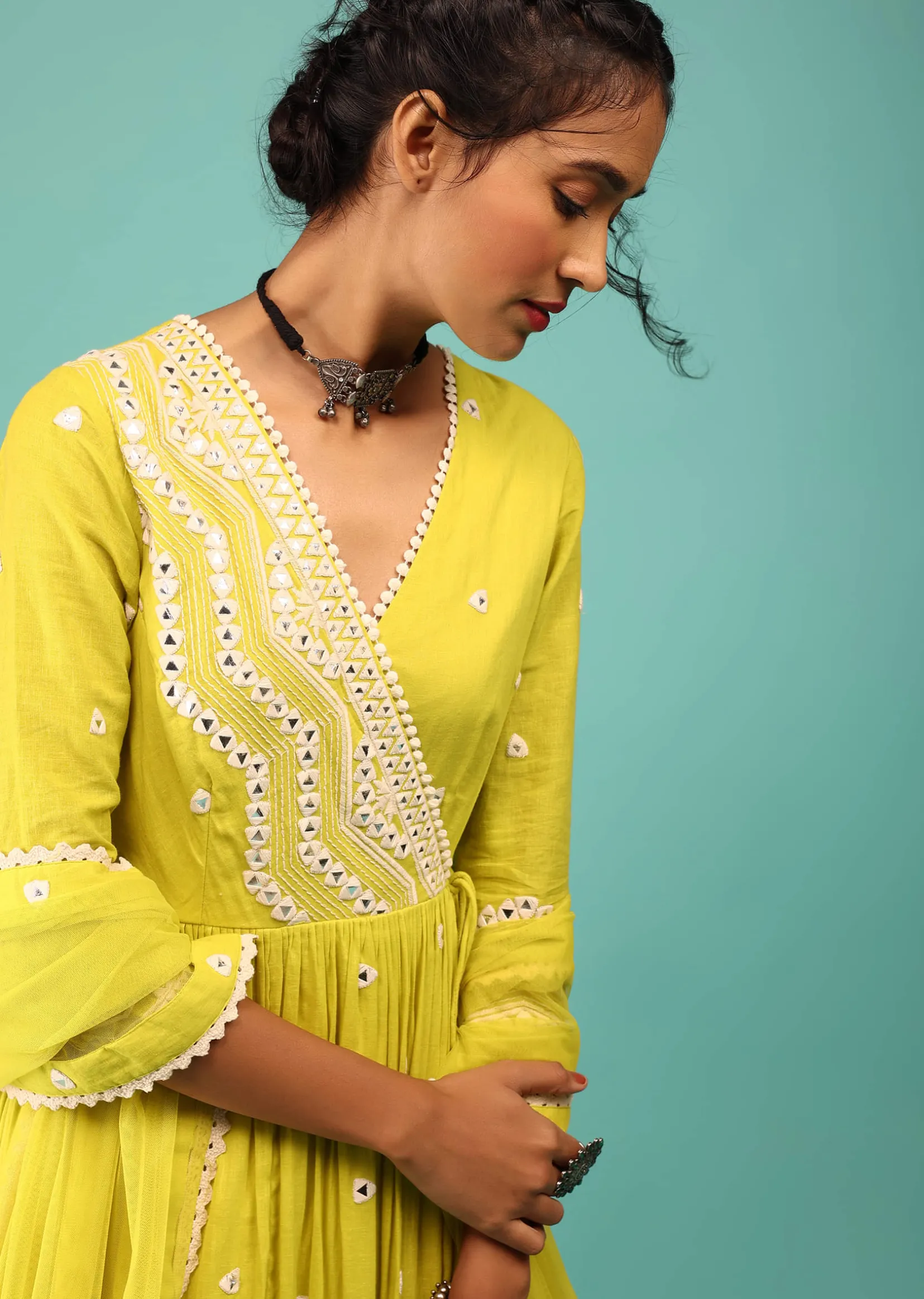 Lime Yellow Anarkali Kurta In Lucknowi Geometric Embroidery With Angrakha Pattern & Bottom Frill