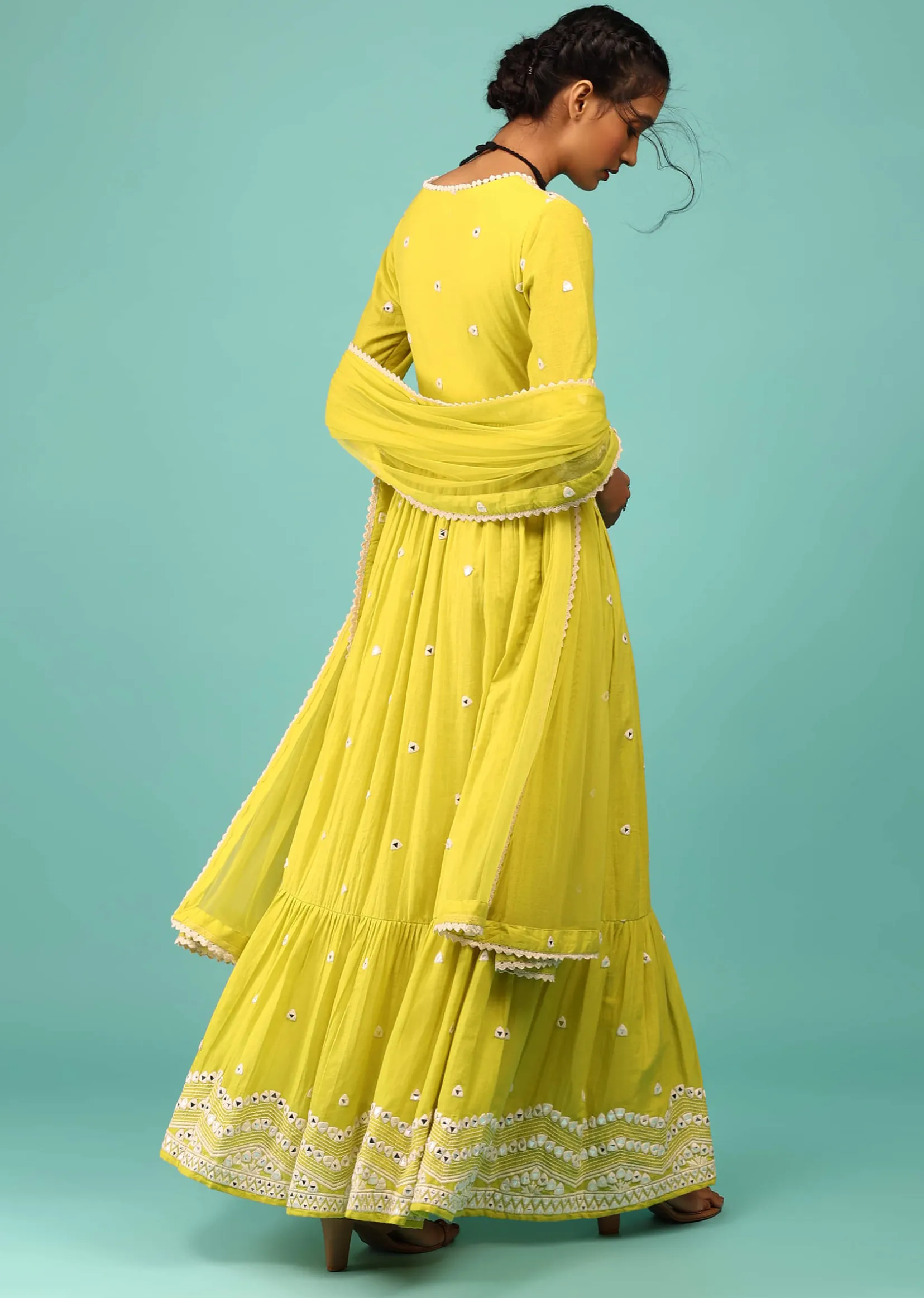 Lime Yellow Anarkali Kurta In Lucknowi Geometric Embroidery With Angrakha Pattern & Bottom Frill