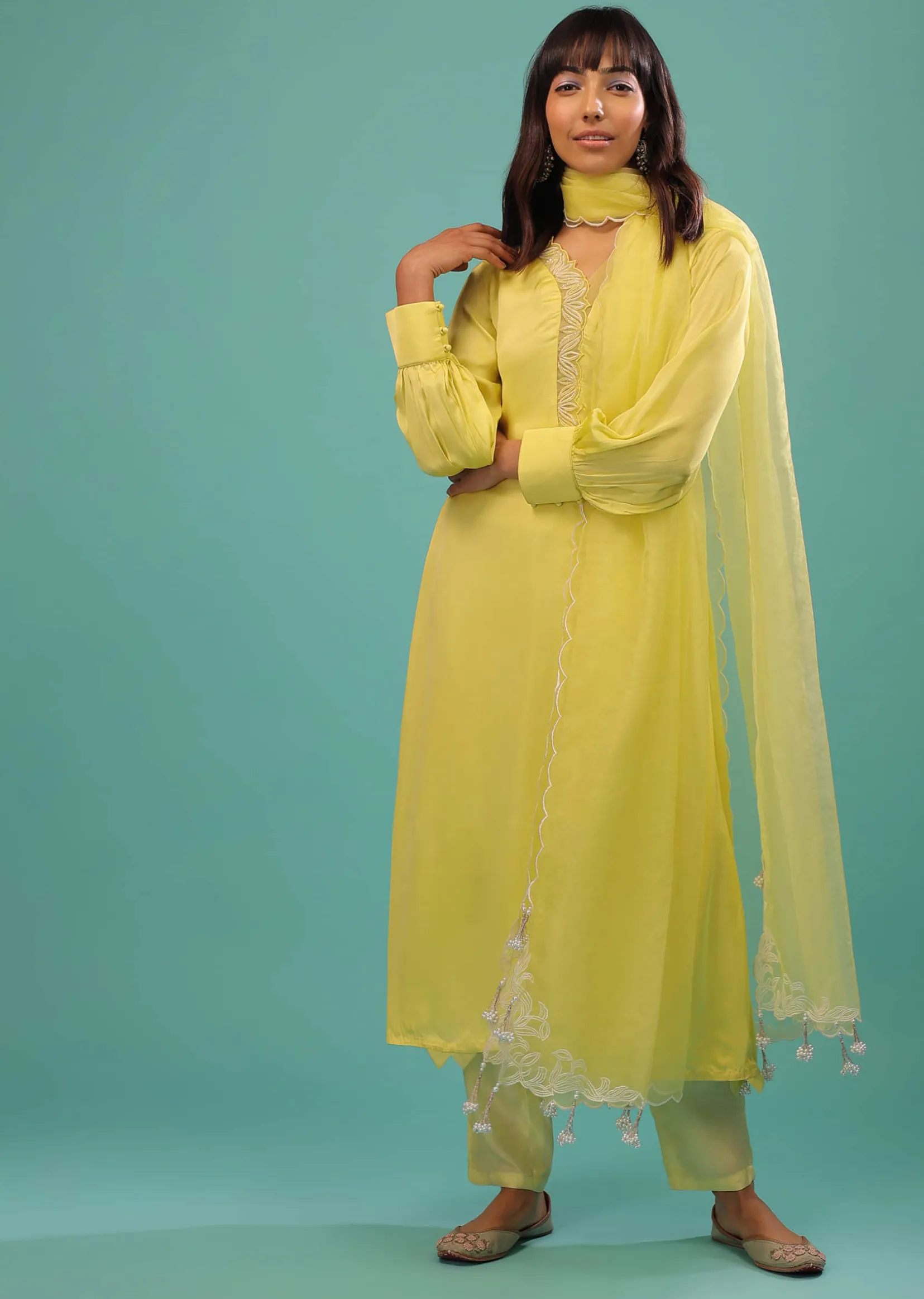 Lime Yellow Bemberg Silk A Line Suit In Organza