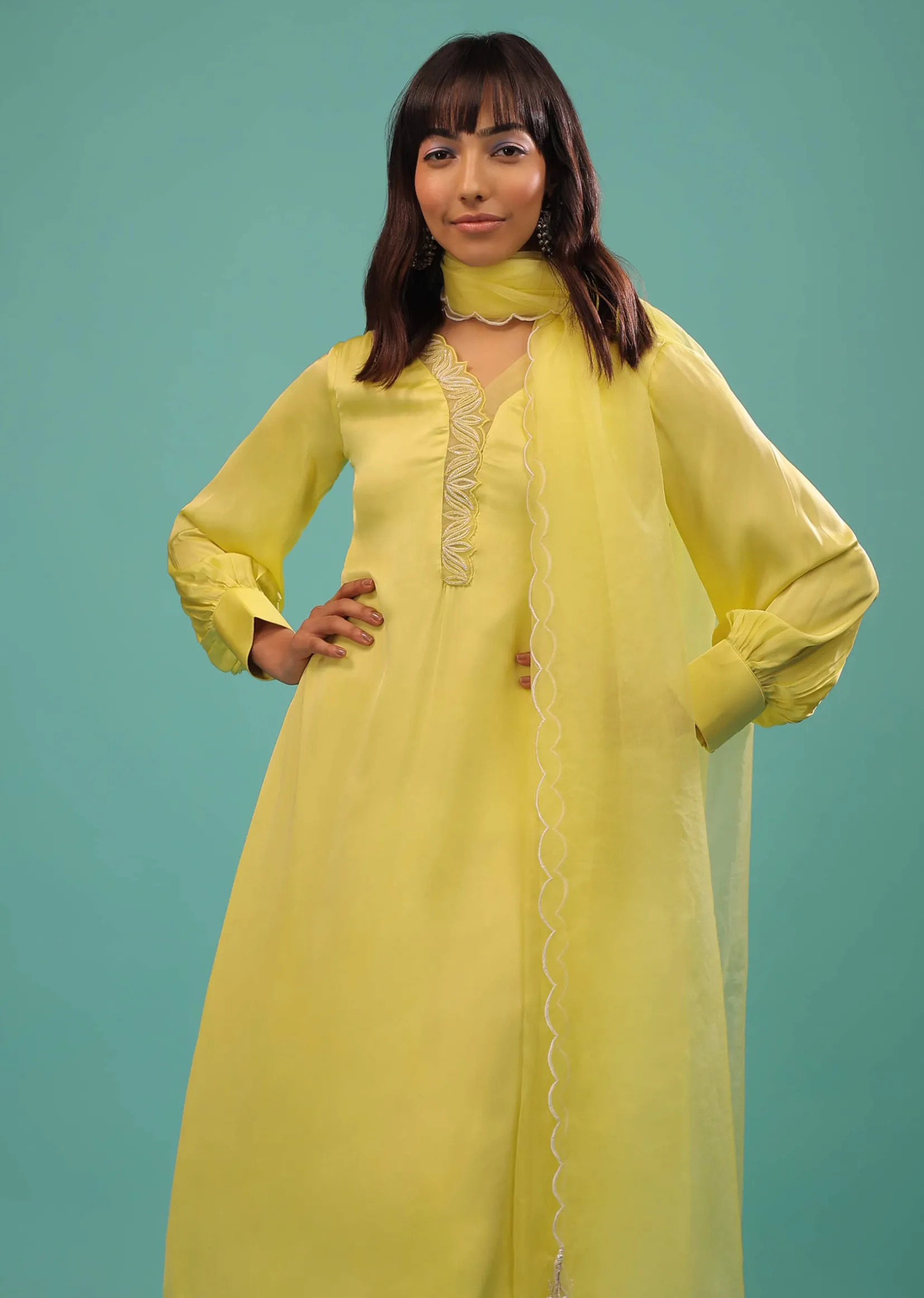 Lime Yellow Bemberg Silk A Line Suit In Organza