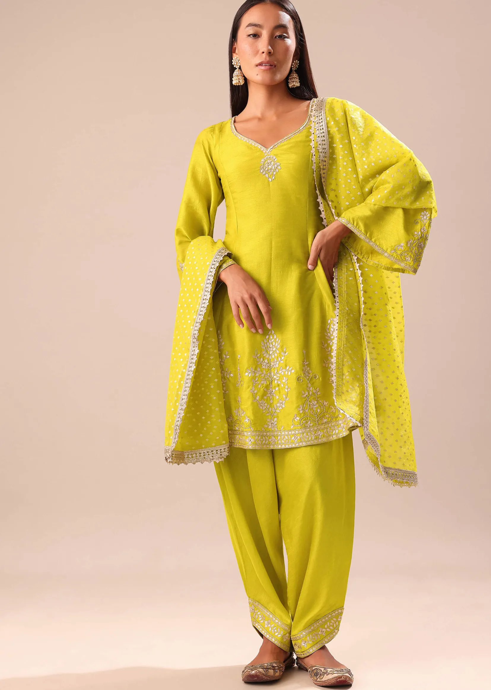 Lime Yellow Embroidered Kurta With Salwar And Dupatta