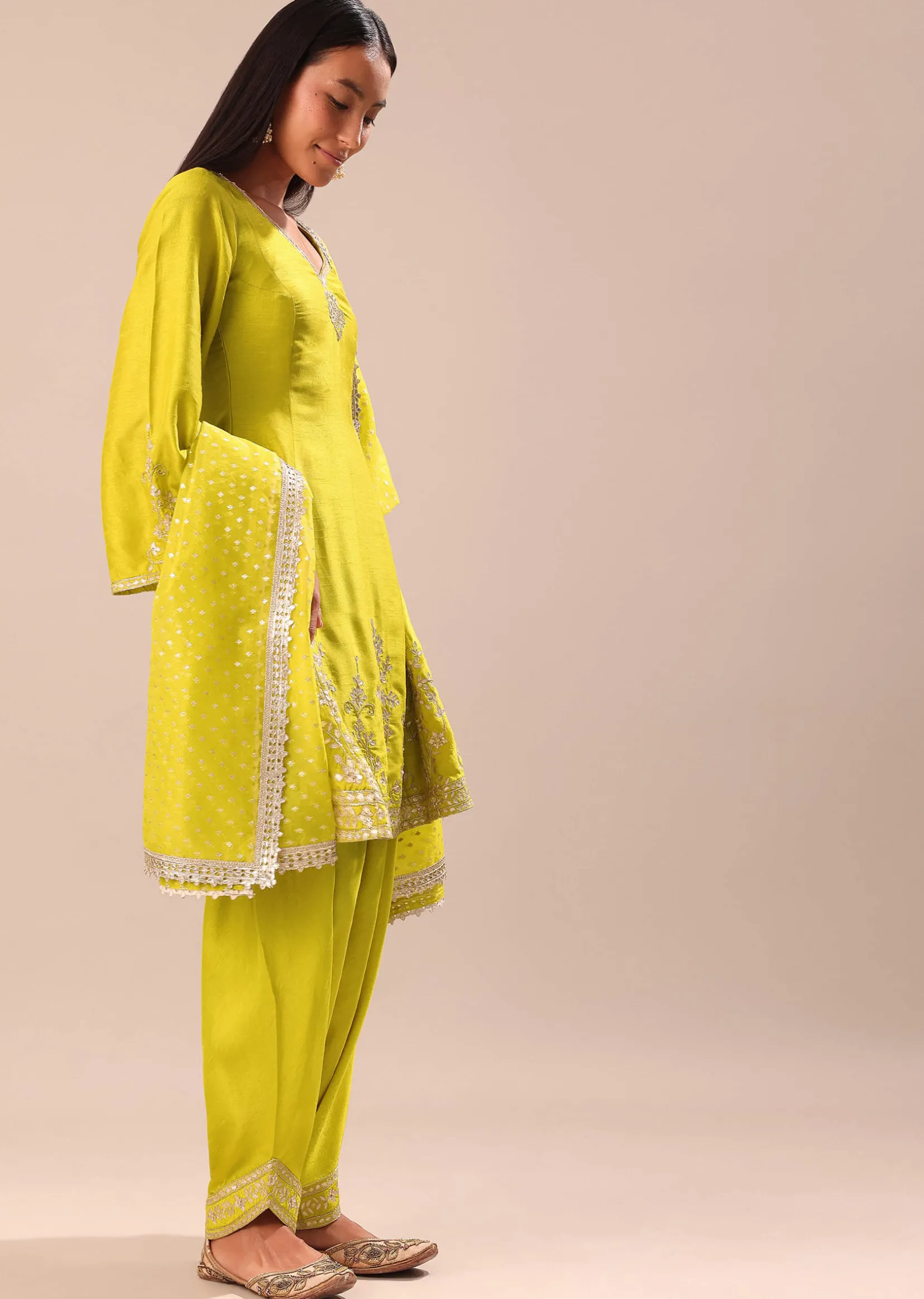 Lime Yellow Embroidered Kurta With Salwar And Dupatta
