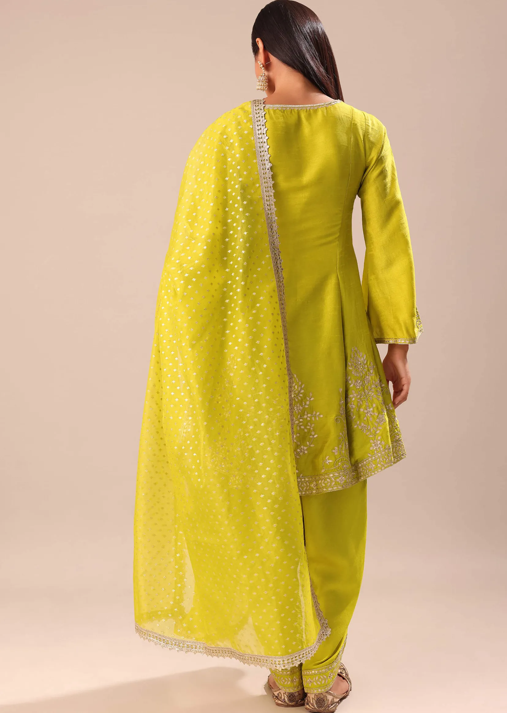 Lime Yellow Embroidered Kurta With Salwar And Dupatta