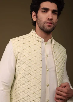 Lime Yellow Festive Textured Jacket Kurta Set With Cut Dana And Thread Embroidery In Art Silk