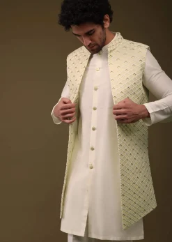 Lime Yellow Festive Textured Jacket Kurta Set With Cut Dana And Thread Embroidery In Art Silk