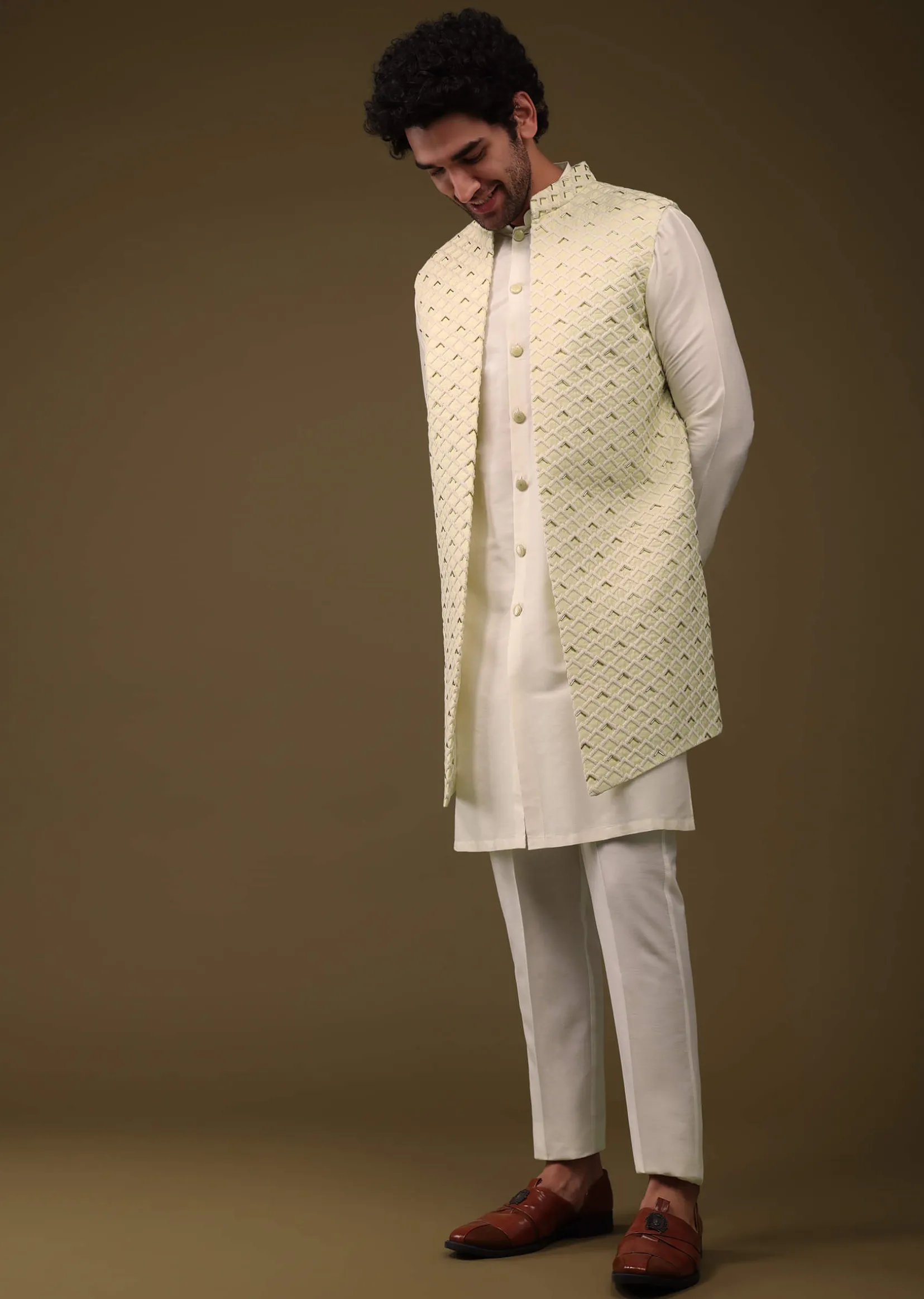 Lime Yellow Festive Textured Jacket Kurta Set With Cut Dana And Thread Embroidery In Art Silk