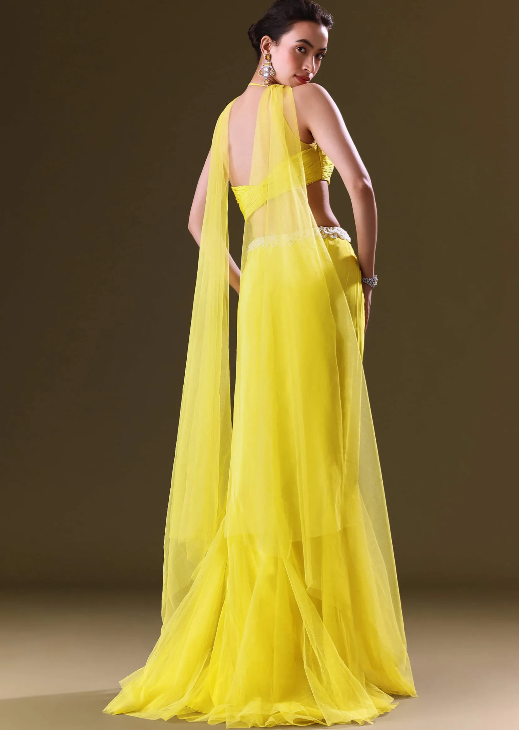 Lime Yellow Fishcut Skirt With One Shoulder Blouse And Tasseled Belt