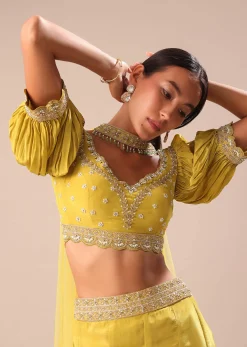 Lime Yellow Hand Embroidered Skirt And Blouse Set