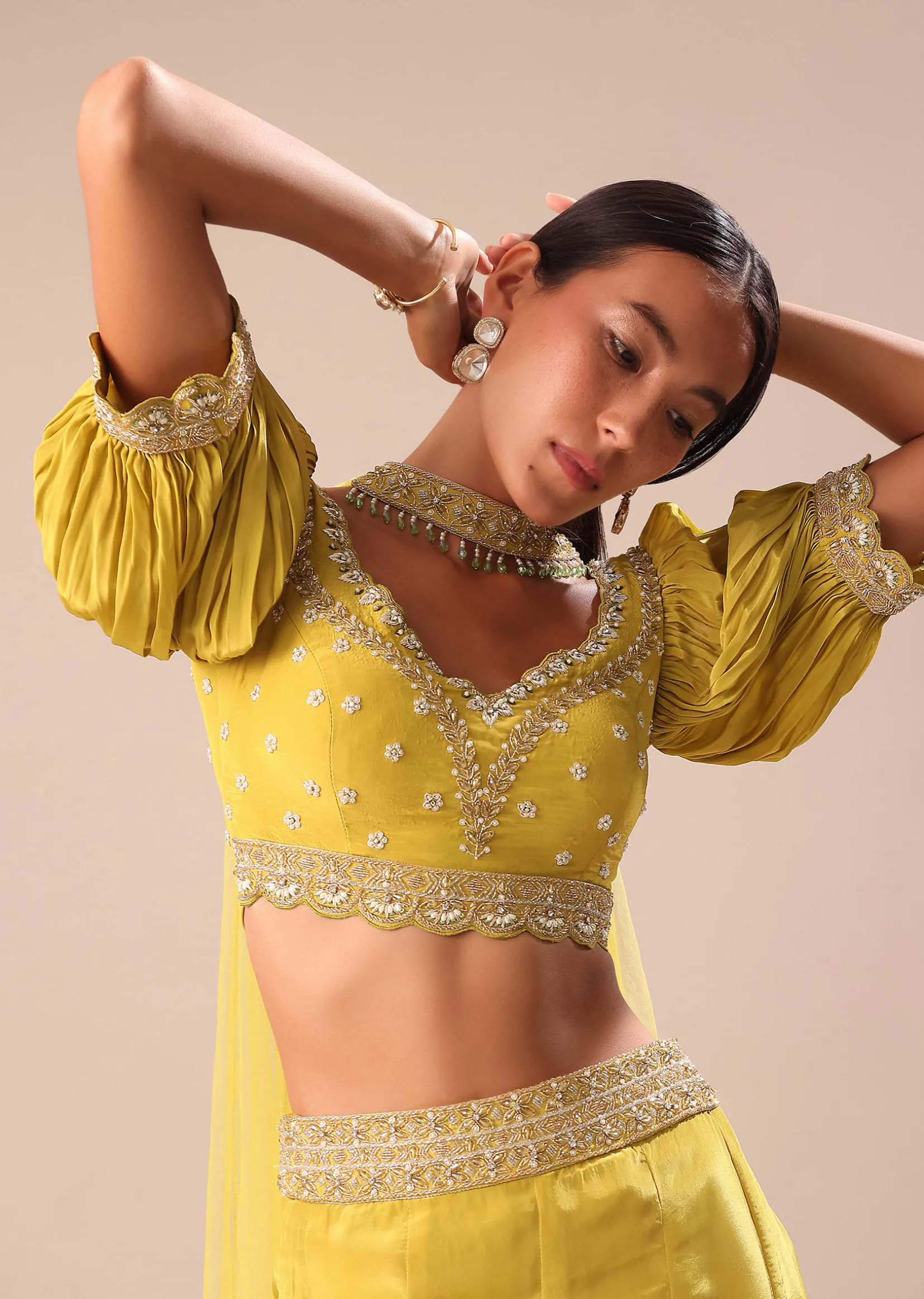 Lime Yellow Hand Embroidered Skirt And Blouse Set