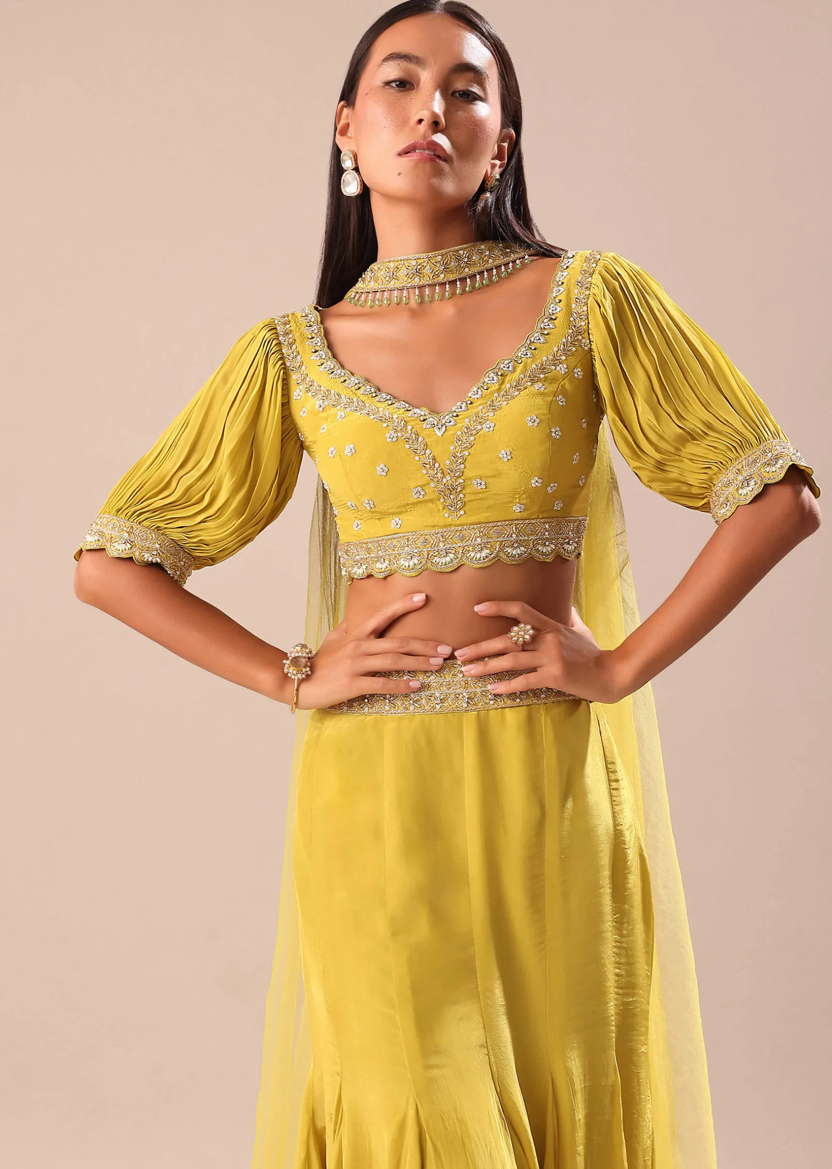 Lime Yellow Hand Embroidered Skirt And Blouse Set