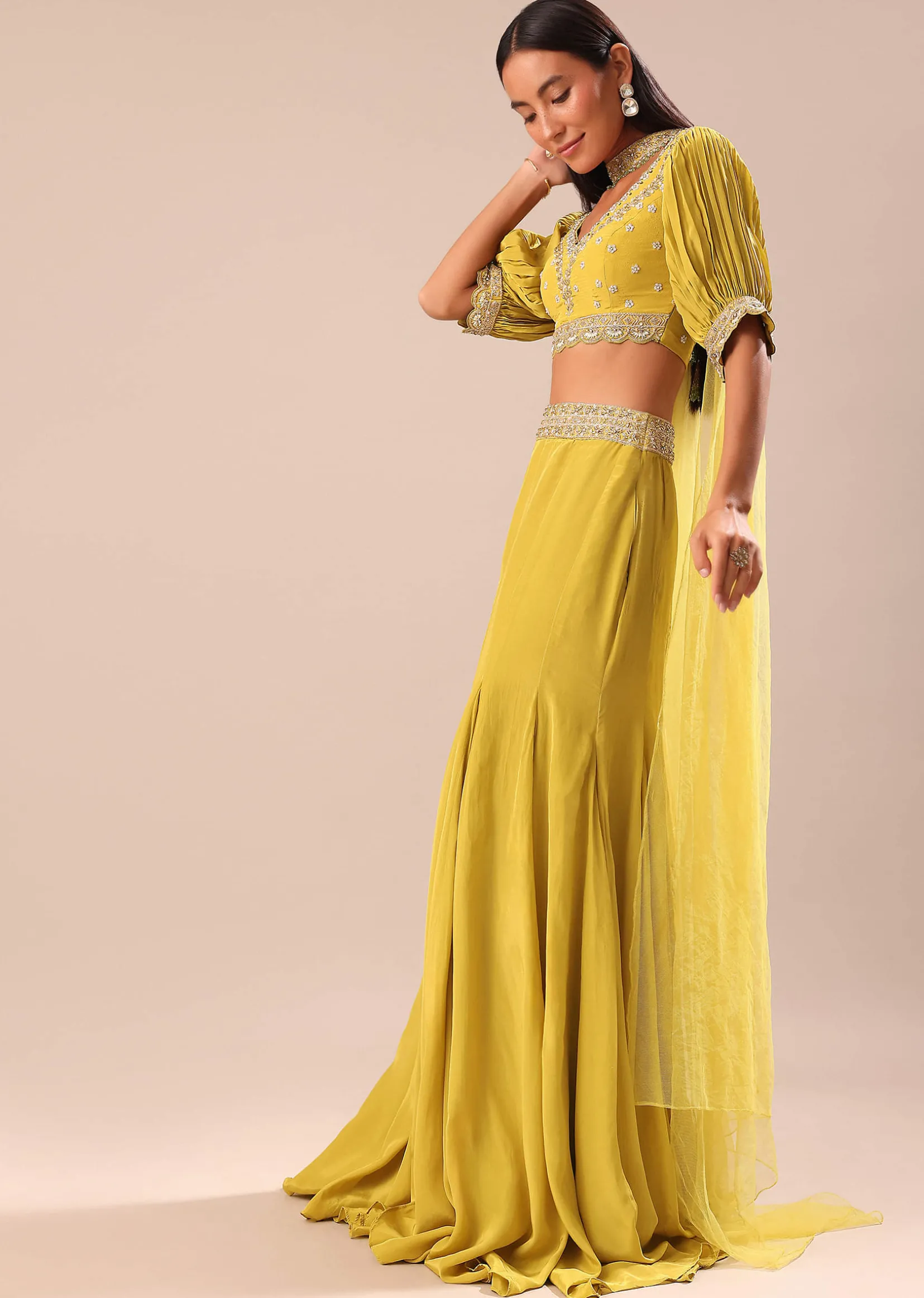 Lime Yellow Hand Embroidered Skirt And Blouse Set