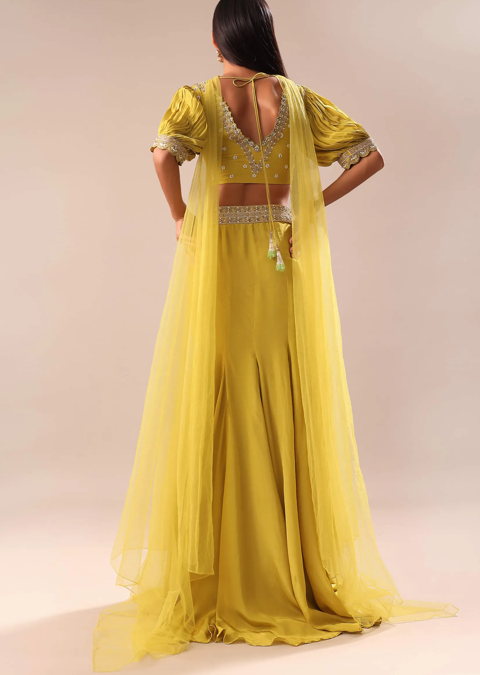 Lime Yellow Hand Embroidered Skirt And Blouse Set