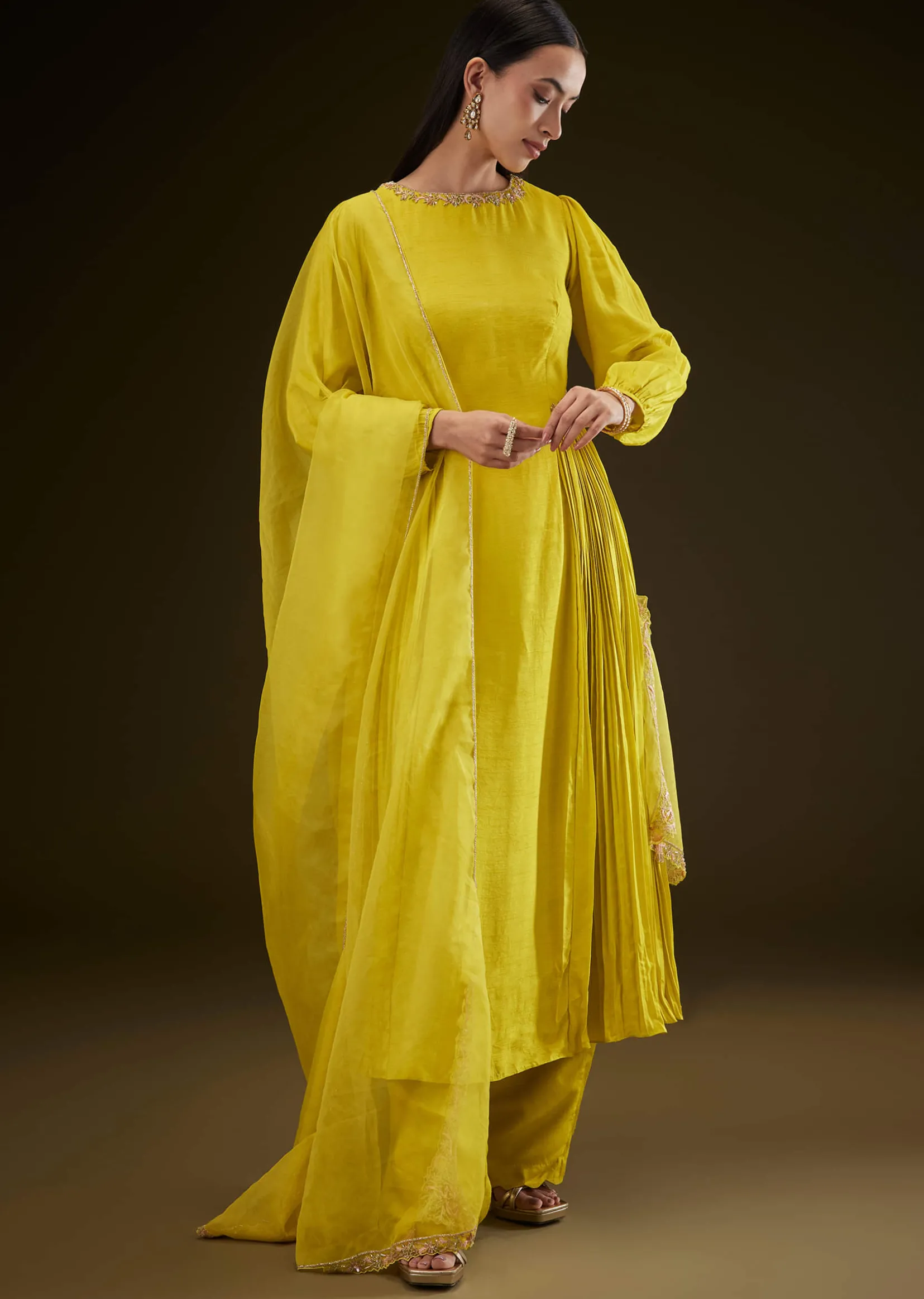 Lime Yellow Kurta With Ruching And Handwork