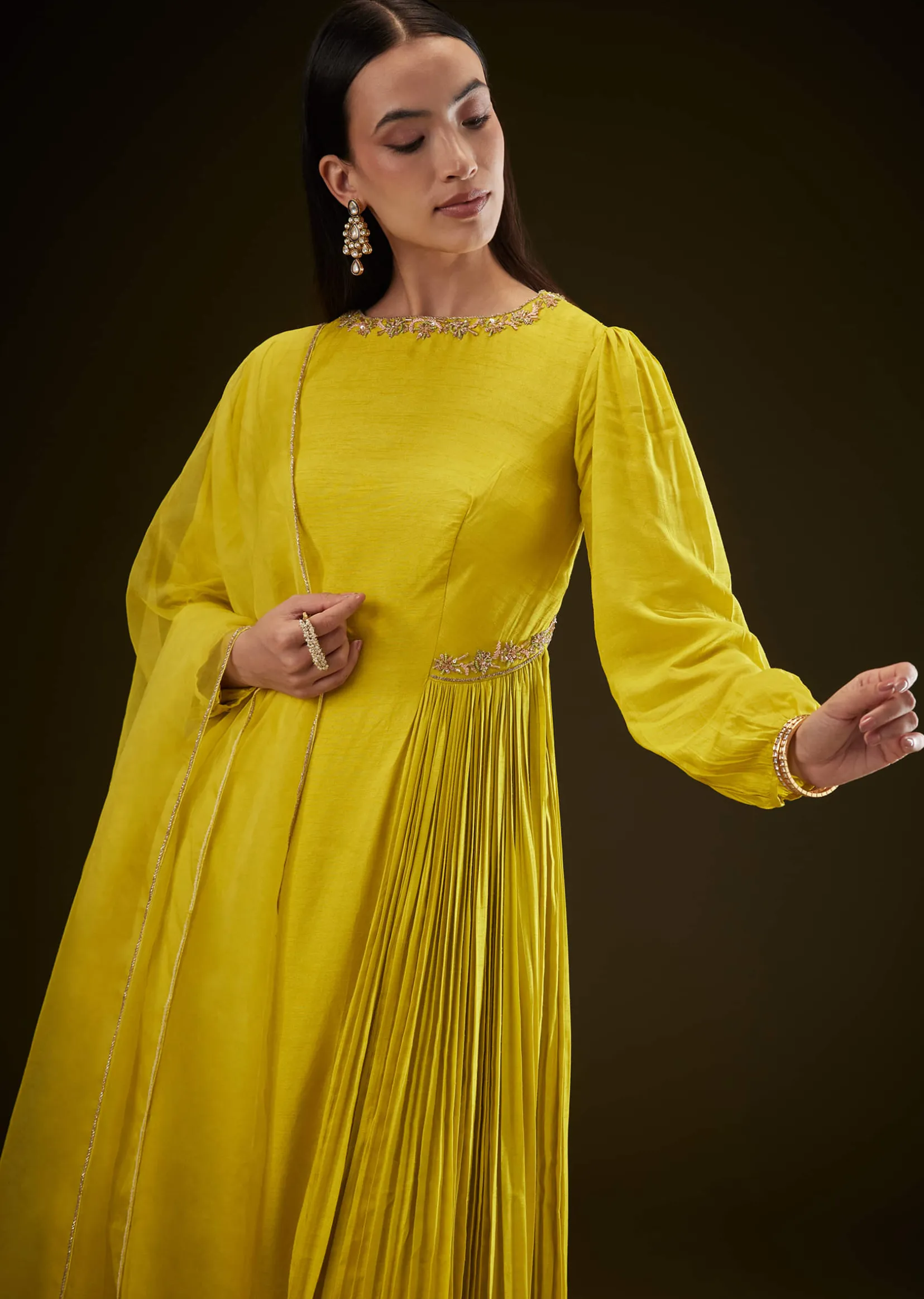 Lime Yellow Kurta With Ruching And Handwork