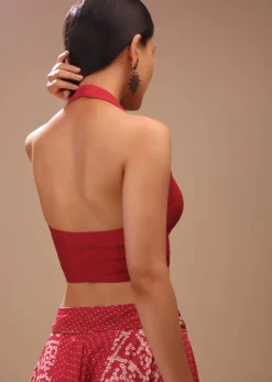 Lipstick Red Backless Blouse In Raw Silk With Halter Neckline And Plunging Neckline