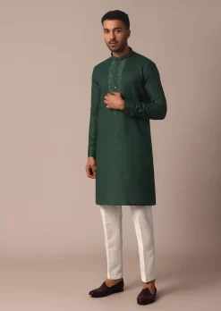 Lush Green Linen Kurta With Intricate Yoke Work