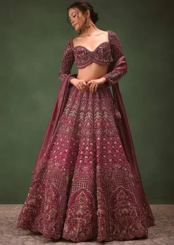 Magenta Embroidered Bridal Lehenga With Full Sleeves Blouse And Dupatta