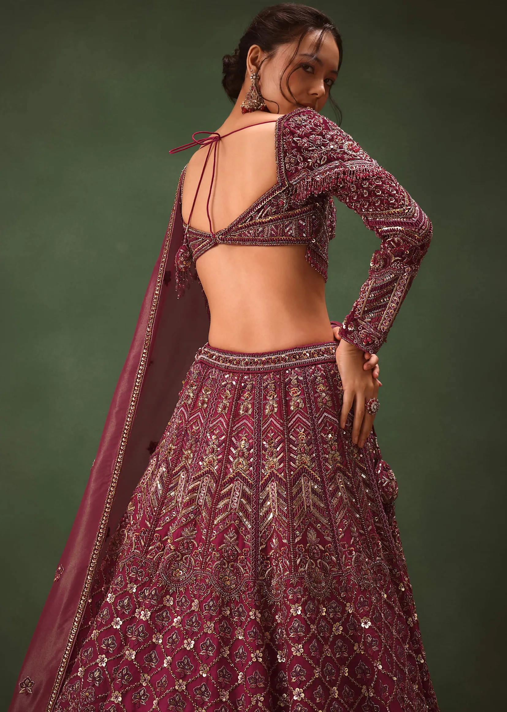 Magenta Embroidered Bridal Lehenga With Full Sleeves Blouse And Dupatta