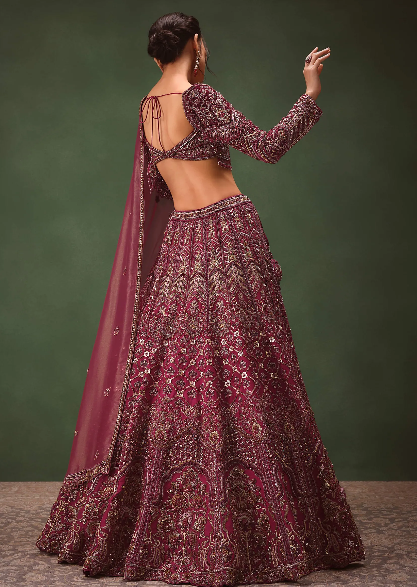 Magenta Embroidered Bridal Lehenga With Full Sleeves Blouse And Dupatta