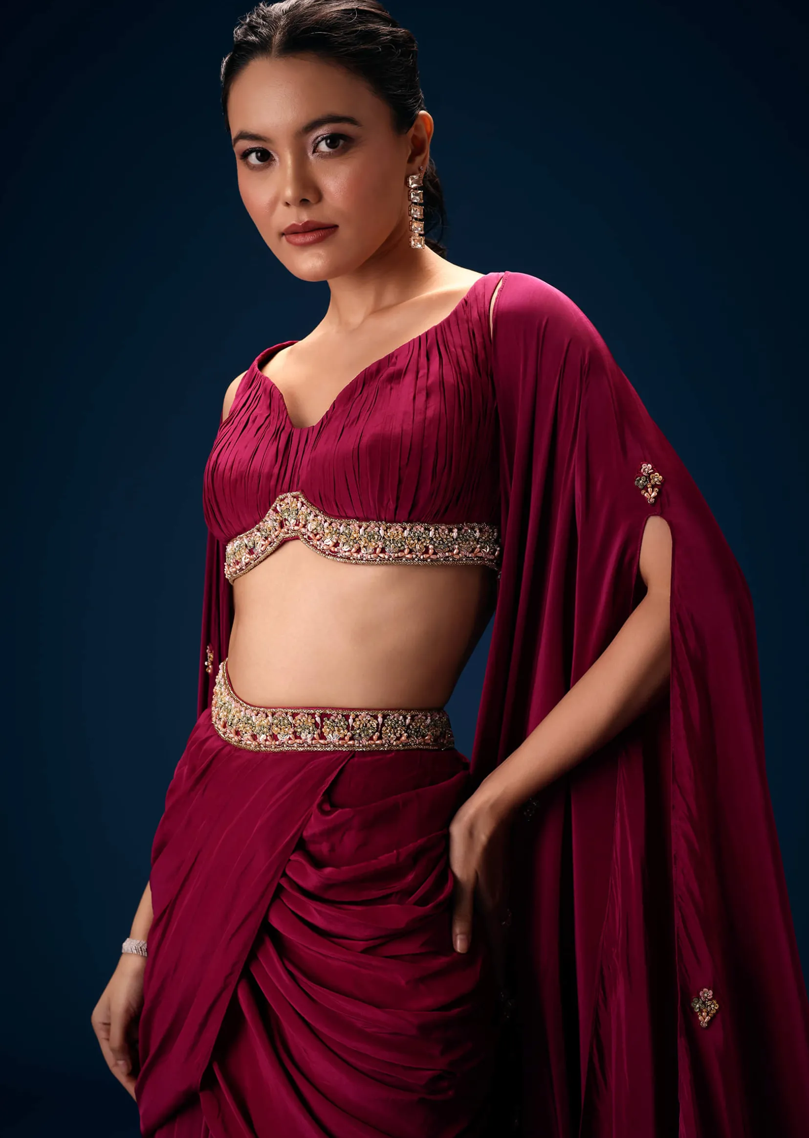 Magenta Fish Cut Draped Skirt With Hand Embroidered Blouse And Choker Dupatta