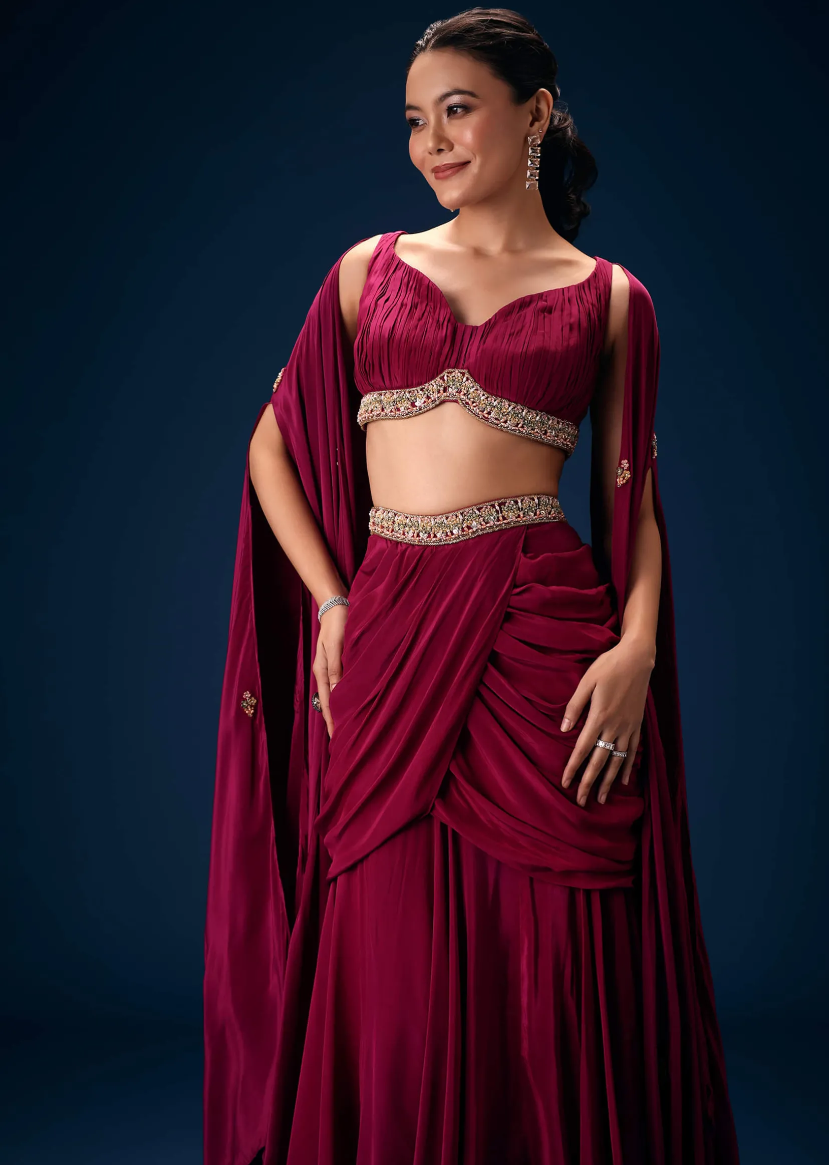 Magenta Fish Cut Draped Skirt With Hand Embroidered Blouse And Choker Dupatta