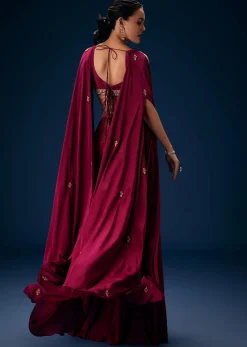 Magenta Fish Cut Draped Skirt With Hand Embroidered Blouse And Choker Dupatta